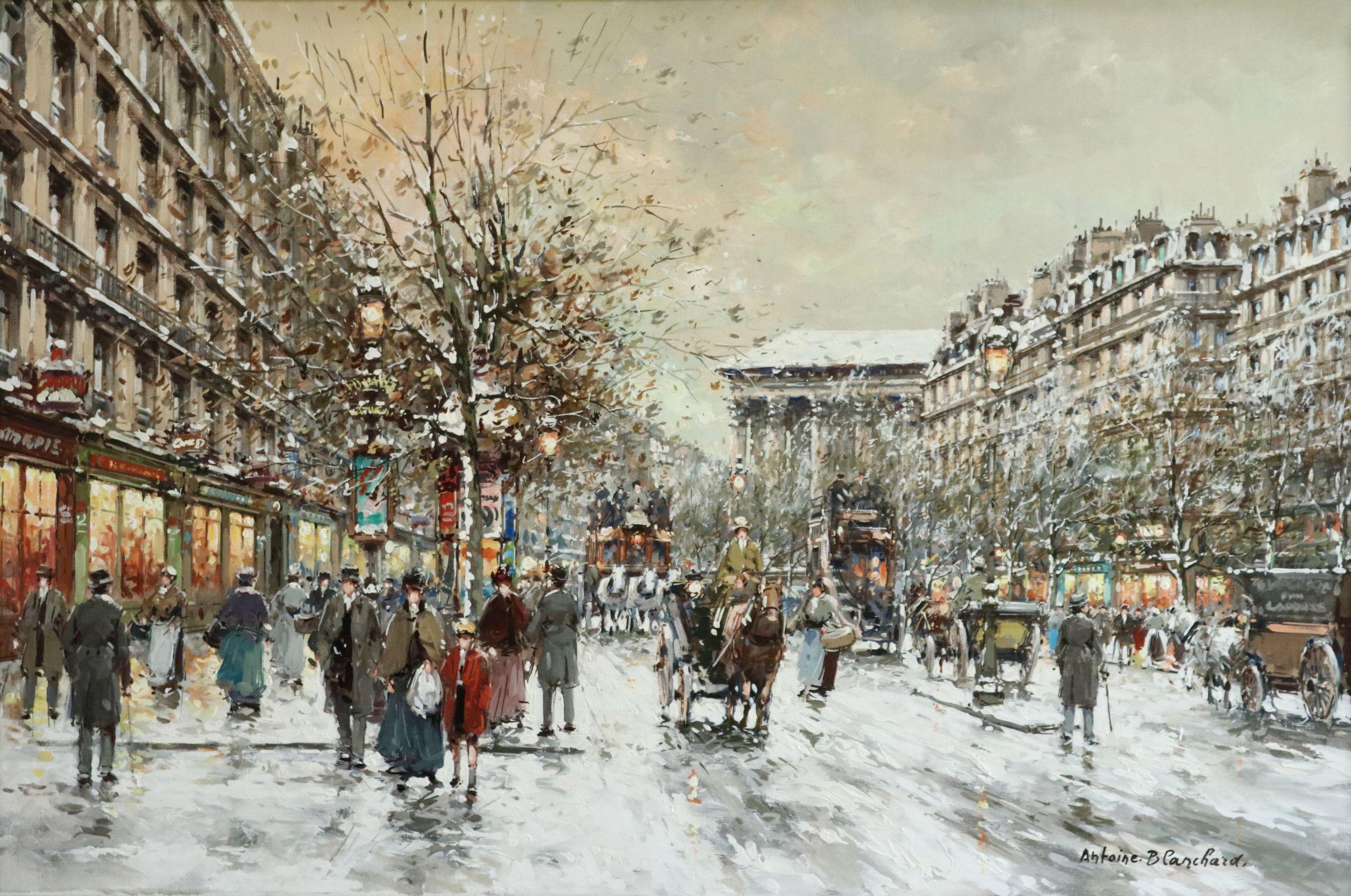 Antoine Blanchard Landscape Painting - Boulevard de la Madeleine - 20th Century Oil, Figures in Cityscape by Blanchard