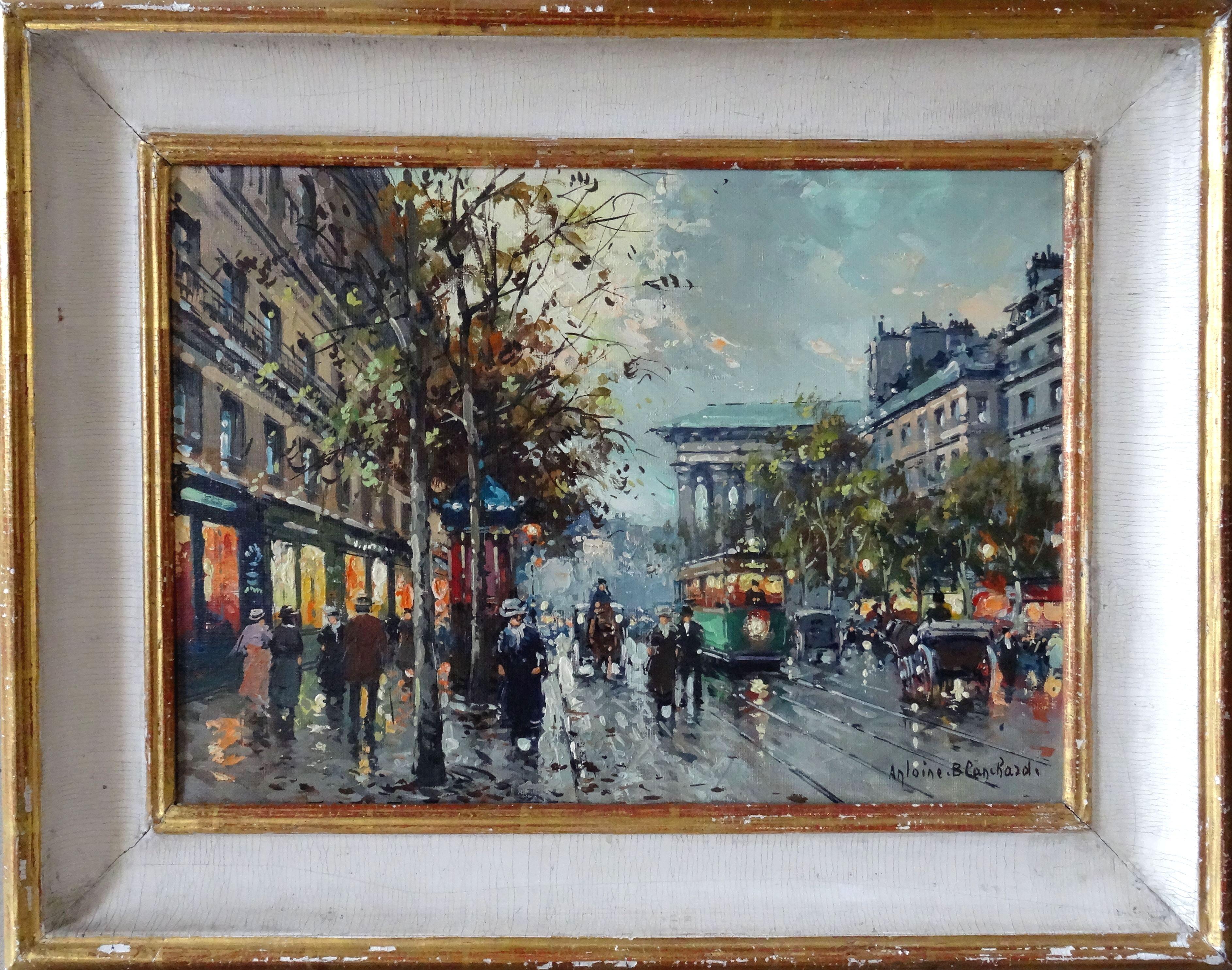 Boulevard de la Madeleine  Huile sur toile, 33,3 x46 cm - Painting de Antoine Blanchard