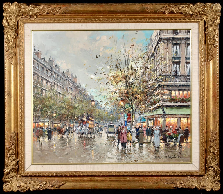 Oil on canvas figures in cityscape circa 1970 by French post impressionist painter Antoine Blanchard. The work depicts a bustling scene at the Boulevard Haussmann in Paris, France. Lights illuminate the shopfronts and the street lights as people