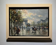 Fine peinture à l'huile des Champs Élysées, Arc de Triomphe RAINY DAY