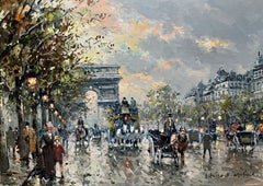 ESEMPIO DI BENEFICENZA "Champs Elysees, Arc de Triomph" dipinto ad olio GIORNO DI PIOGGIA
