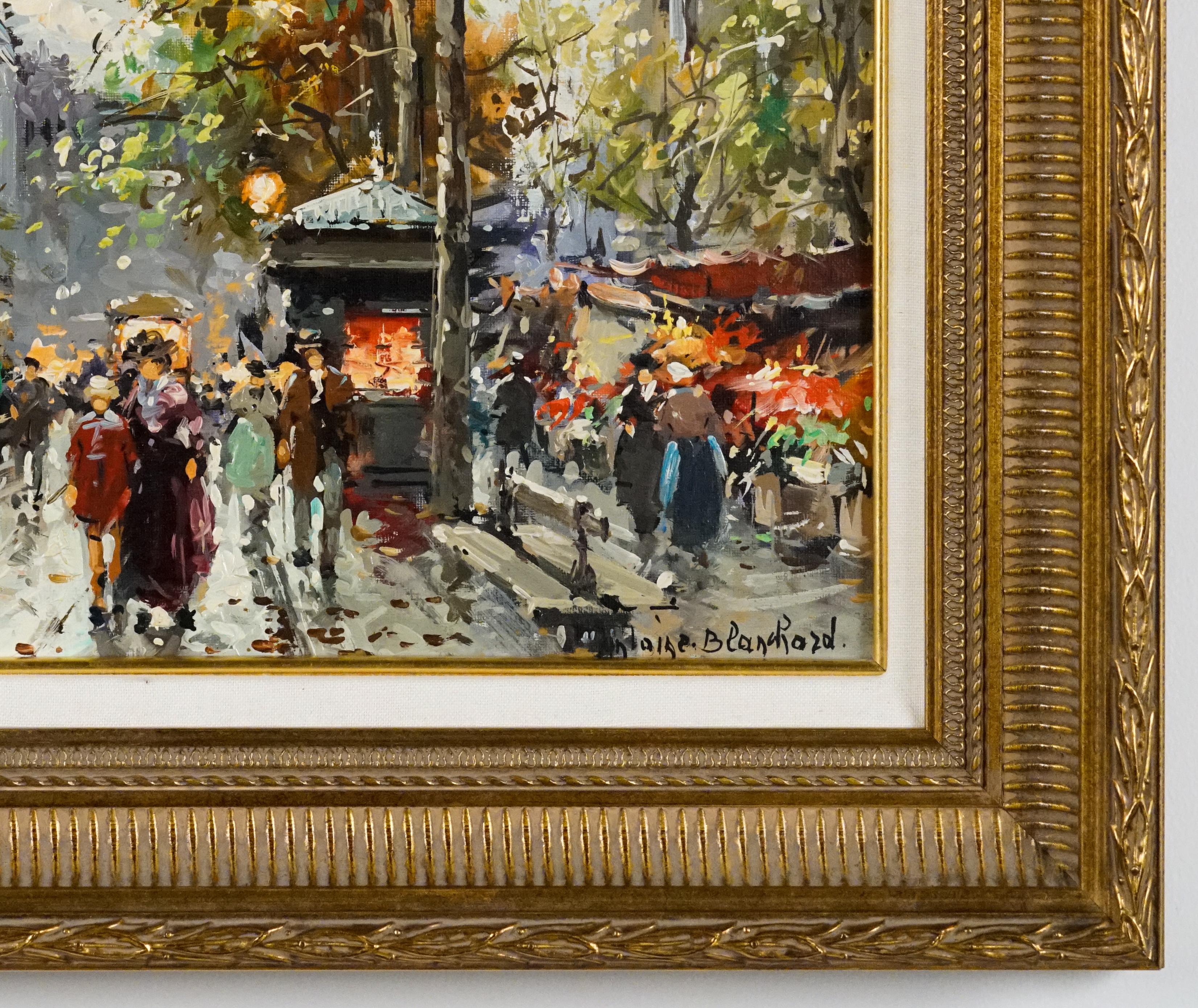 Marché des fleurs, La Madeleine, Paris - Marron Landscape Painting par Antoine Blanchard