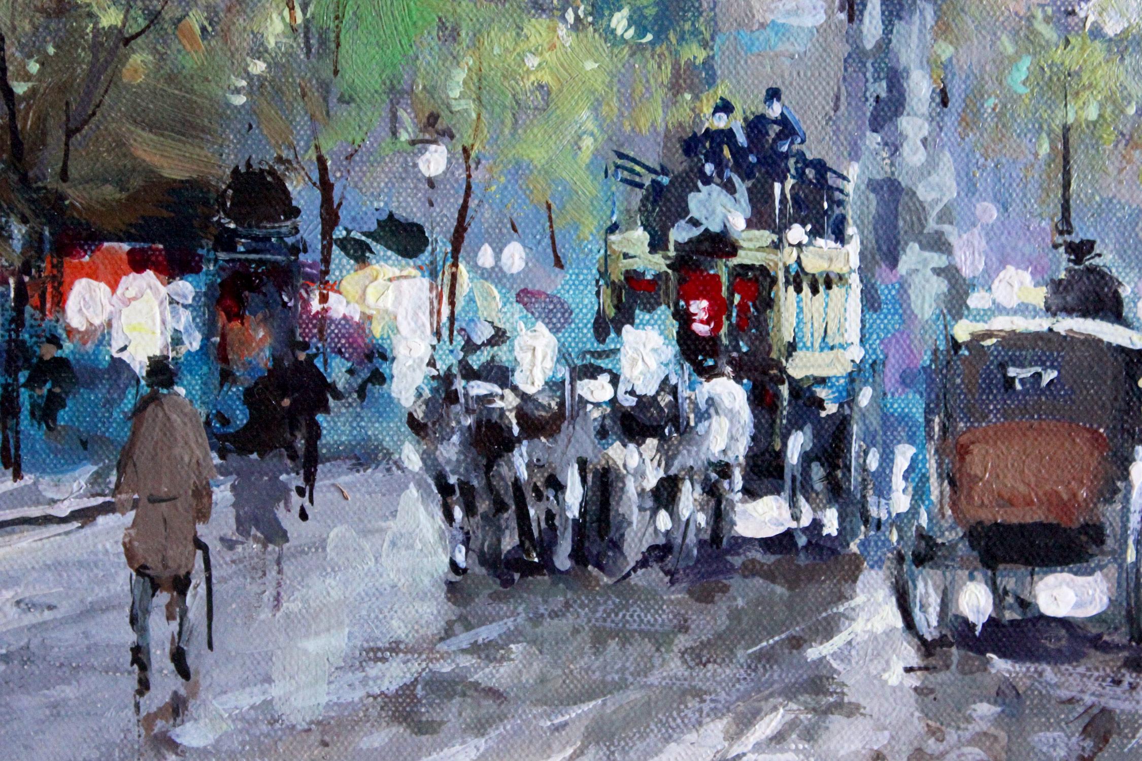 Une peinture à l'huile exquise de l'artiste renommé Antoine Blanchard représentant la scène de rue française Les Grands Boulevards et La Porte Saint Denis. La rue est bordée de voitures à cheval et d'une foule de gens qui vaquent à leurs