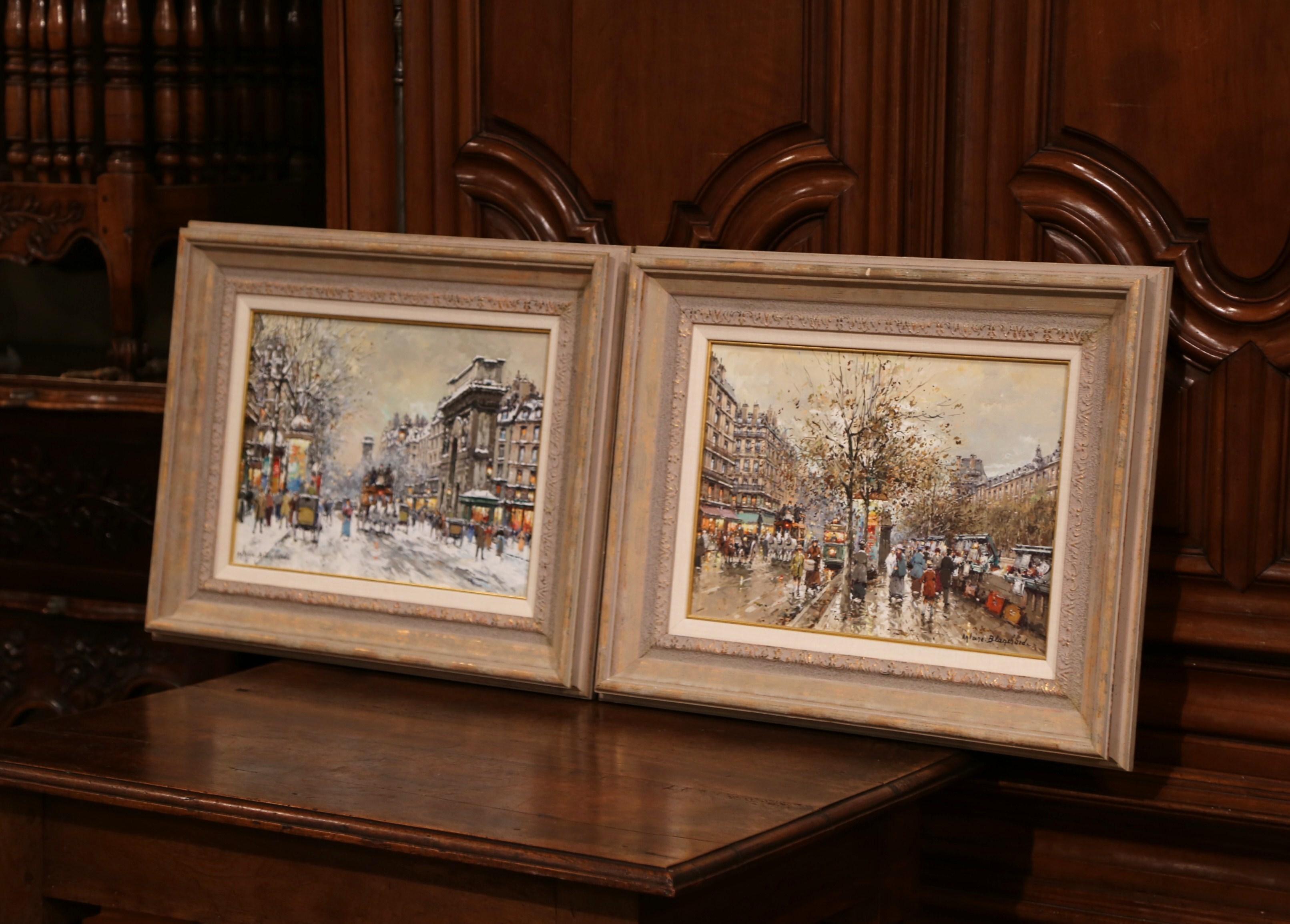 Pair of Framed Oil on Canvas Parisian Street Scenes Signed Antoine Blanchard For Sale 10