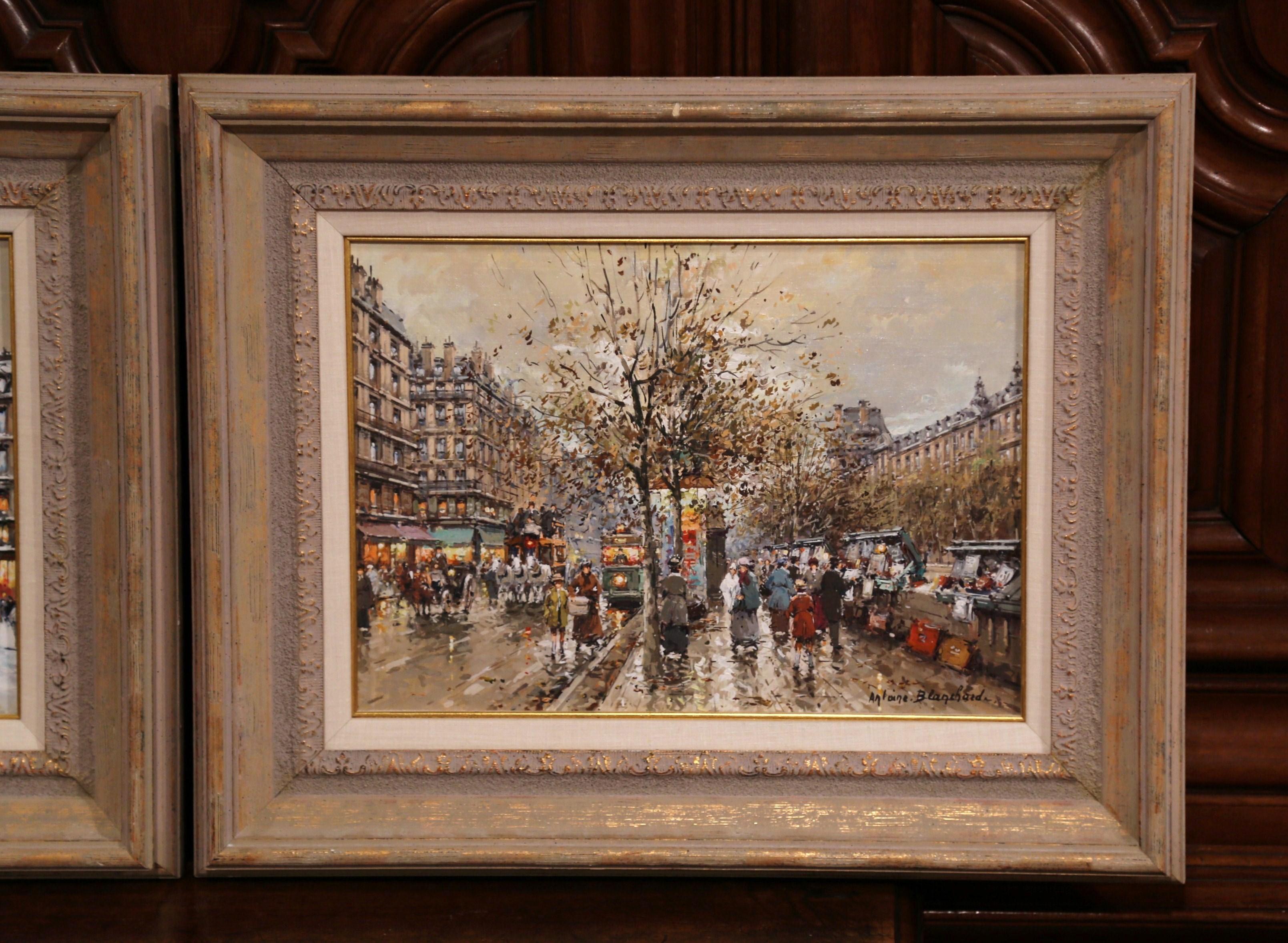 Pair of Framed Oil on Canvas Parisian Street Scenes Signed Antoine Blanchard For Sale 2