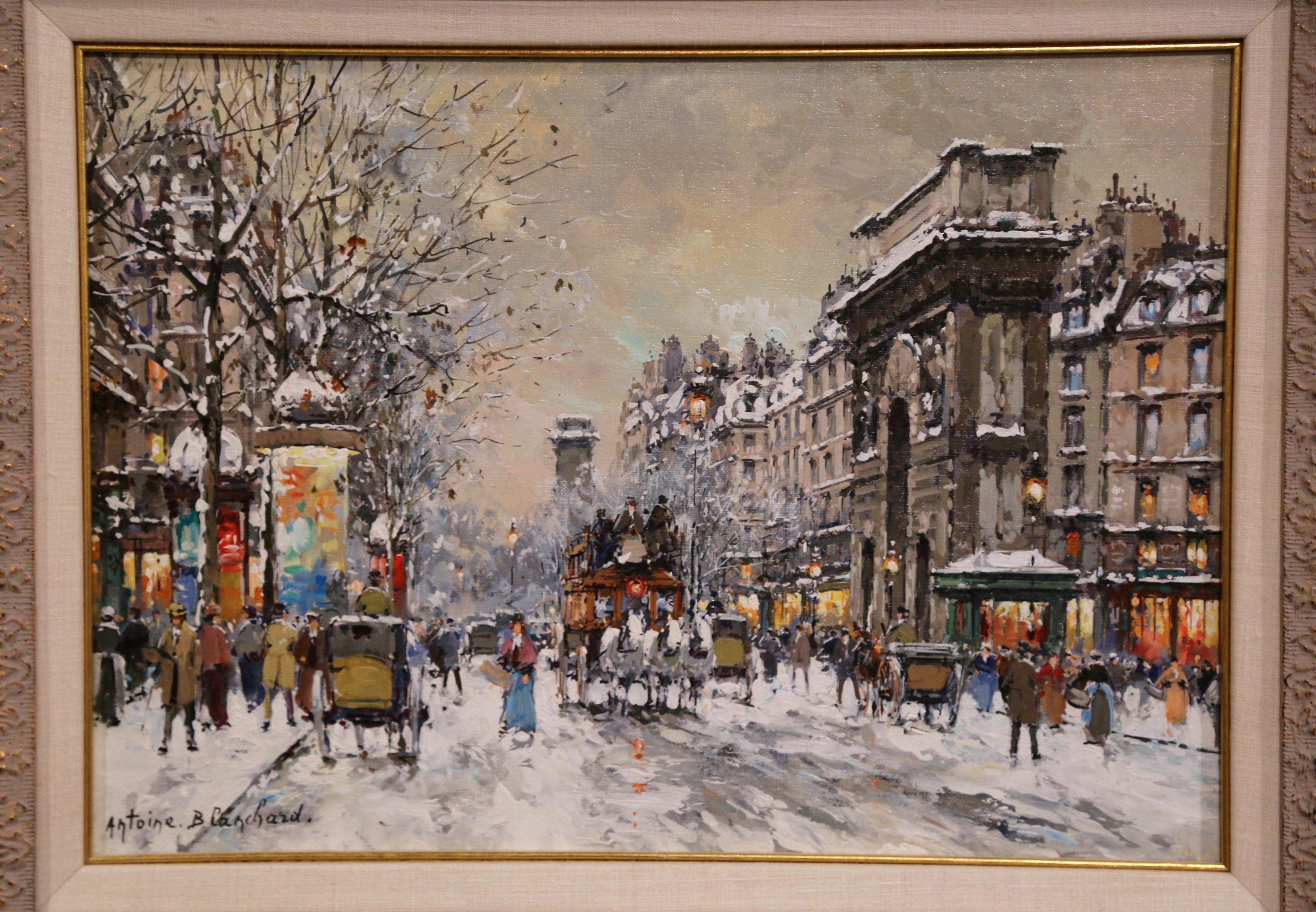 Pair of Framed Oil on Canvas Parisian Street Scenes Signed Antoine Blanchard For Sale 3