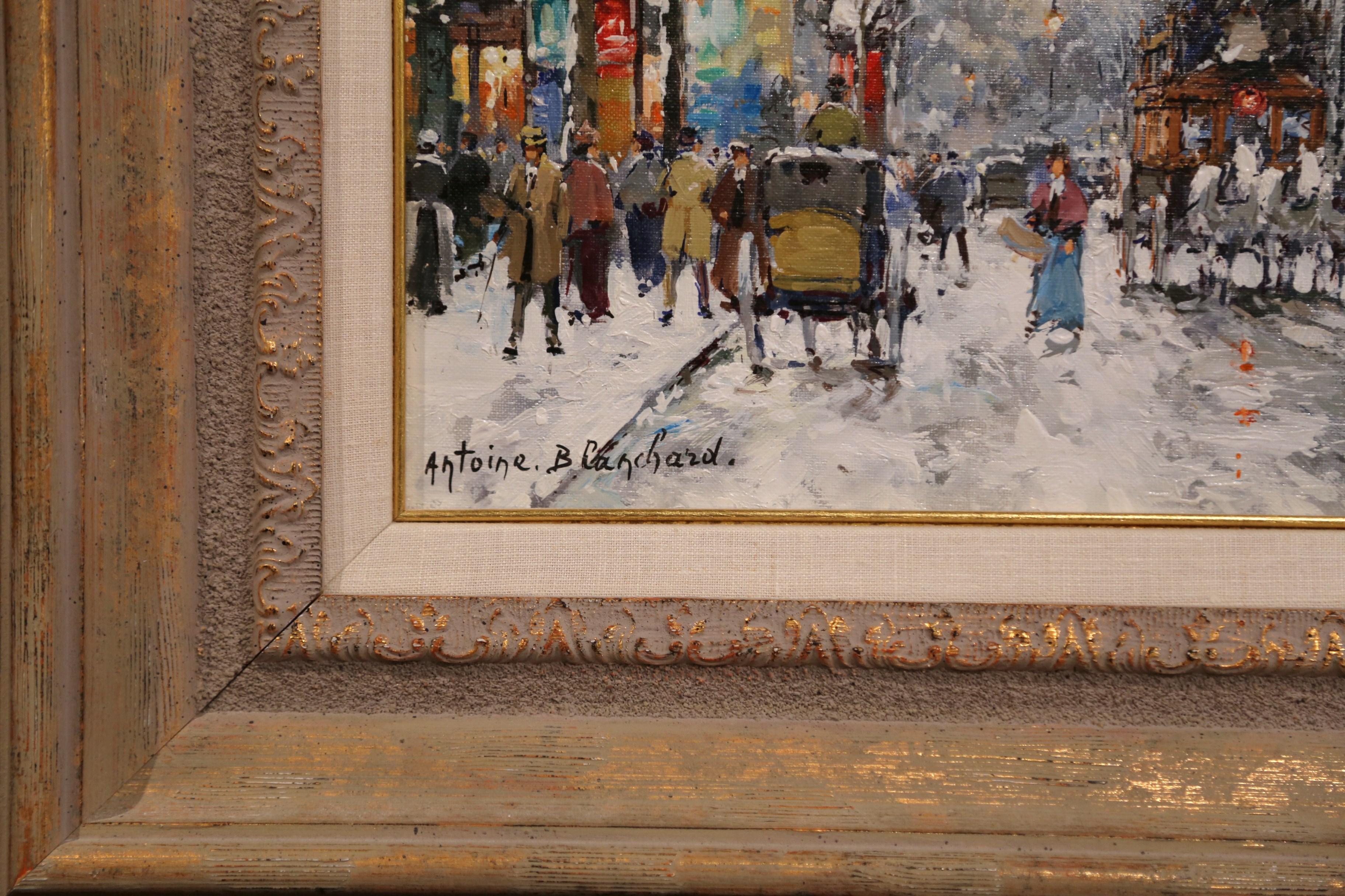 Pair of Framed Oil on Canvas Parisian Street Scenes Signed Antoine Blanchard For Sale 4