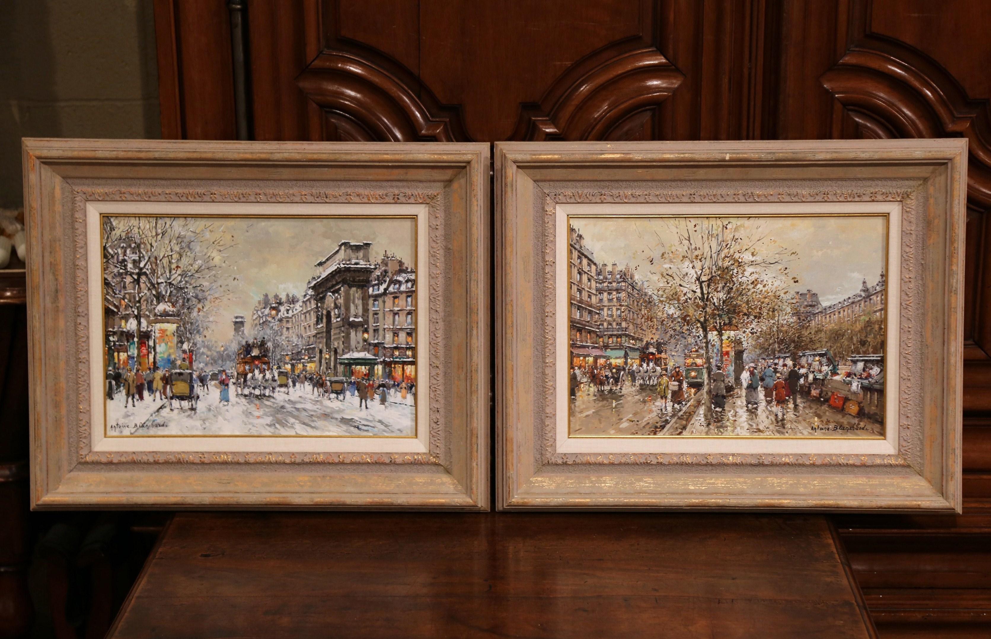 Pair of Framed Oil on Canvas Parisian Street Scenes Signed Antoine Blanchard For Sale 7