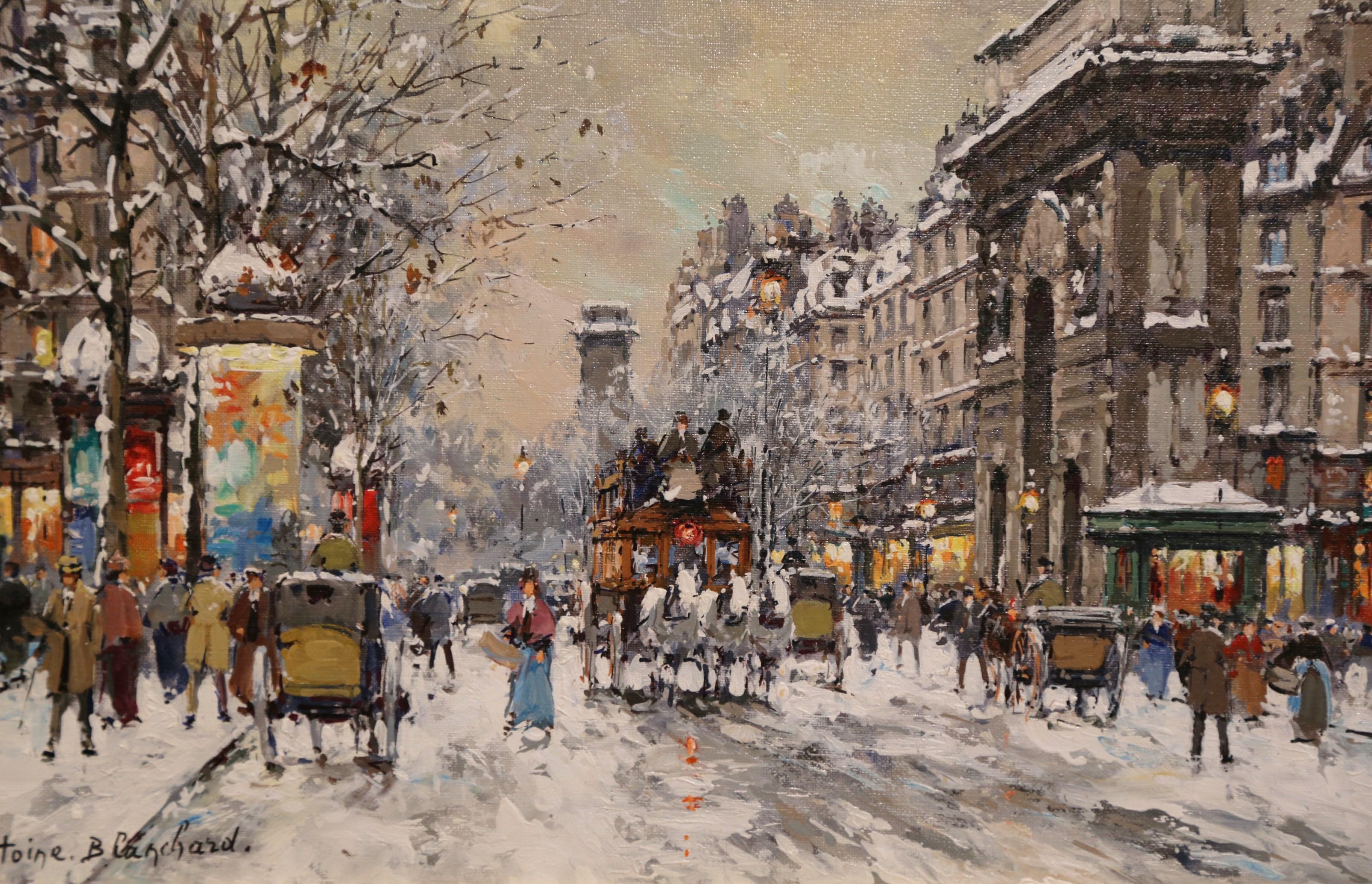 Pair of Framed Oil on Canvas Parisian Street Scenes Signed Antoine Blanchard For Sale 8