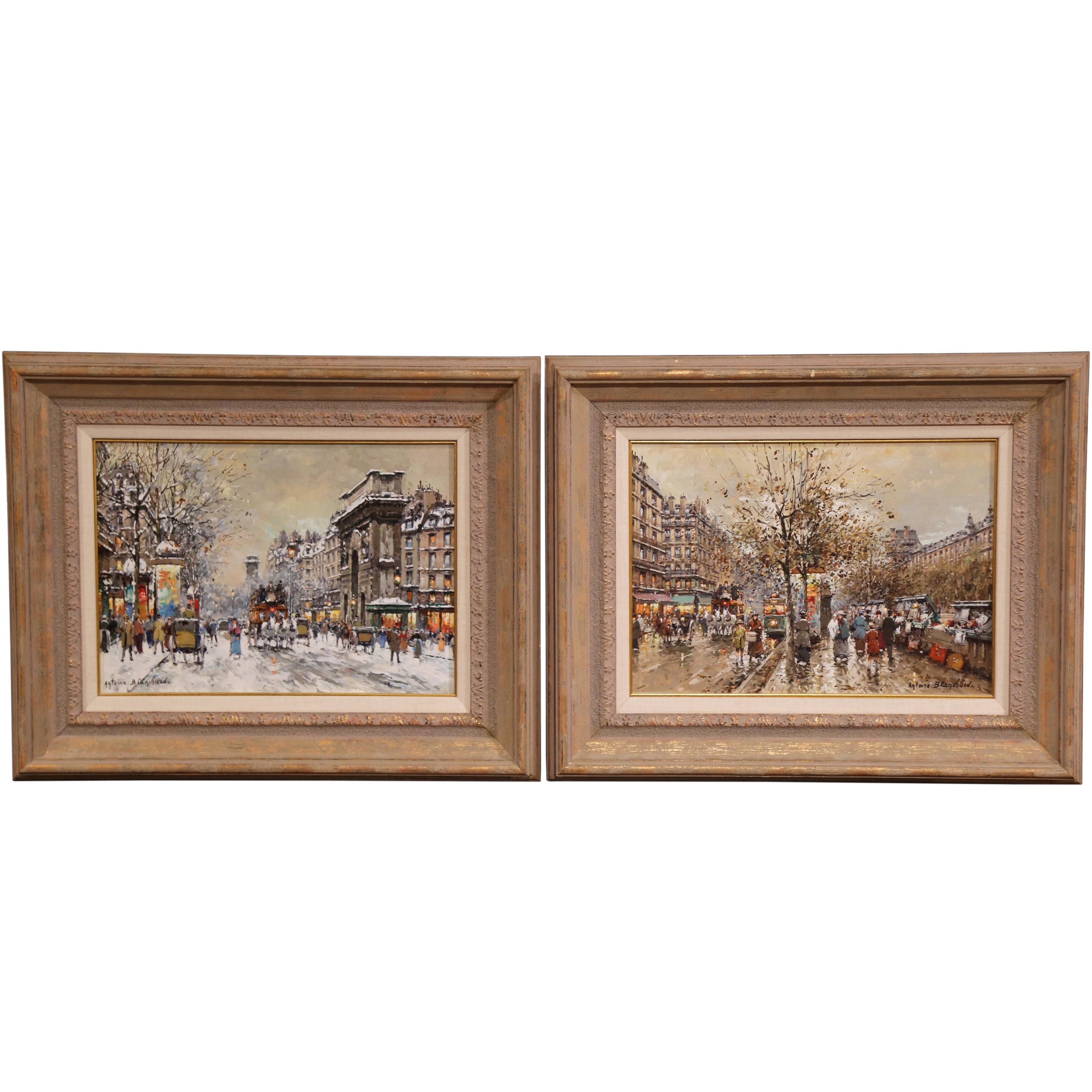 This exquisite pair of oil on canvas paintings in painted frames, feature two well known street scene views of Paris, France. The paintings are set inside two matching painted frames. The compositions feature two Parisian districts "Les Quais et Le