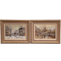 Pair of Framed Oil on Canvas Parisian Street Scenes Signed Antoine Blanchard