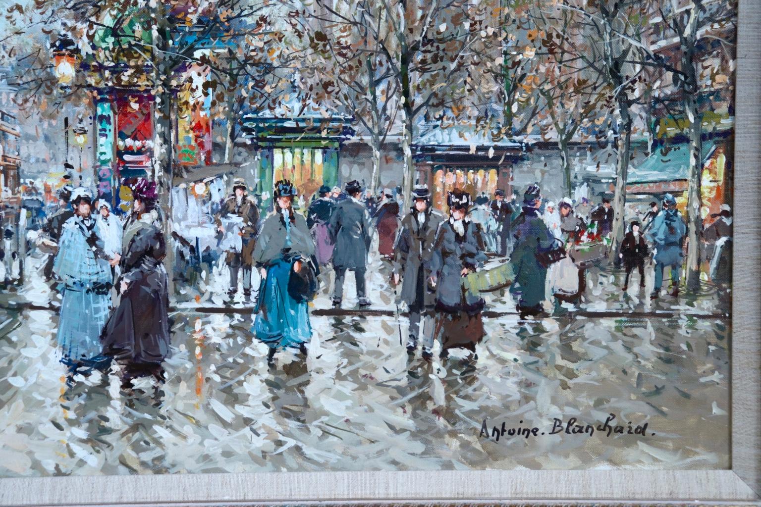 A wonderful oil on canvas circa 1970 by French Post-Impressionist painter Antoine Blanchard depicting a cityscape showing the hustle and bustle at La Madeleine in Paris on a cold day. Signed lower right. The painting is listed in the Antoine