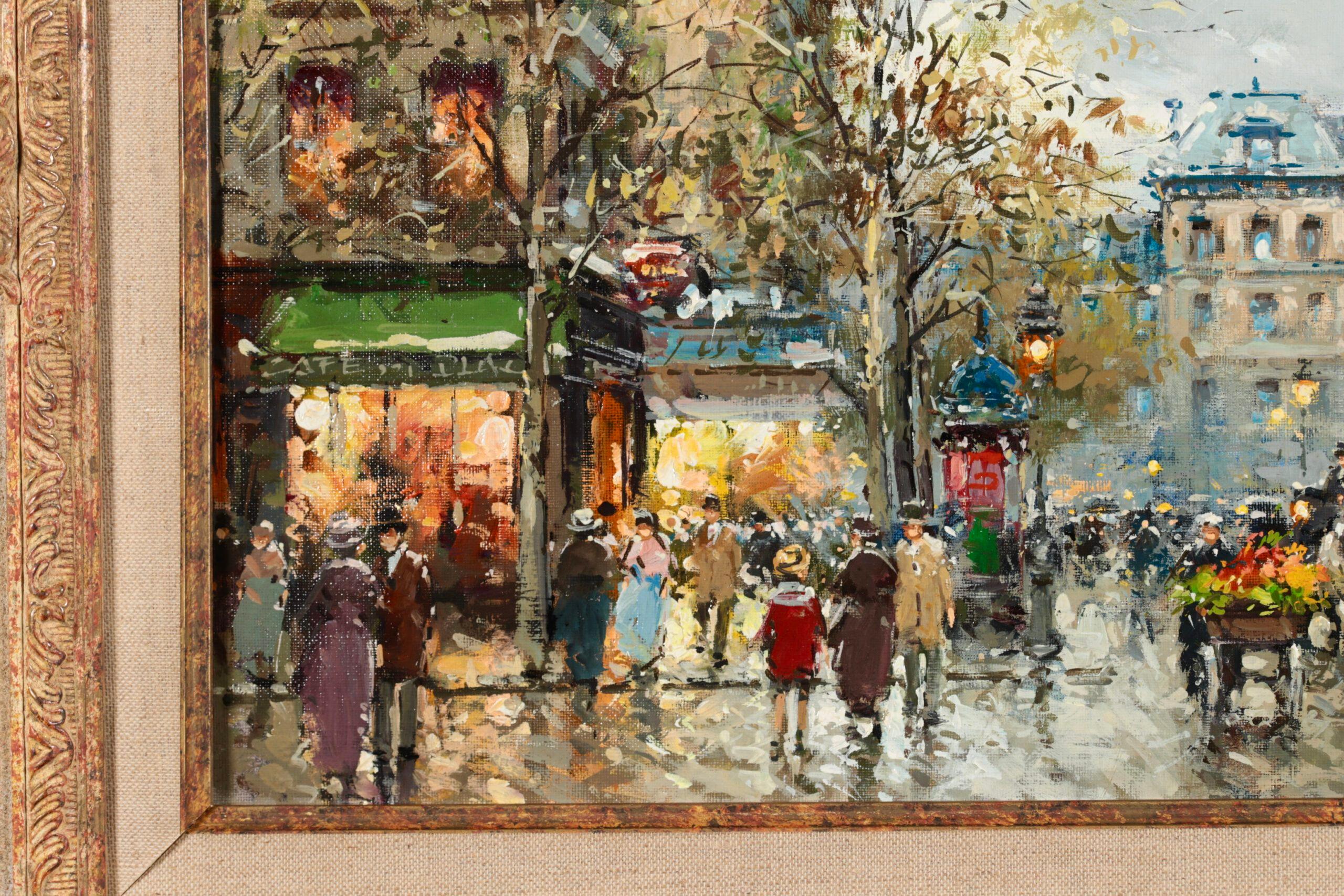 Signed post impressionist figures in cityscape oil on canvas circa 1960 by French painter Antoine Blanchard. The work depicts a bustling scene at Place de la Republique - a square in Paris, France in autumn. The leaves on the trees are turning