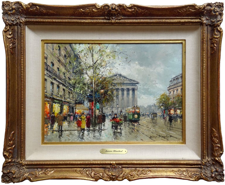 Parisian Street Scene. Oil on canvas, 32x46 cm - Painting by Antoine Blanchard