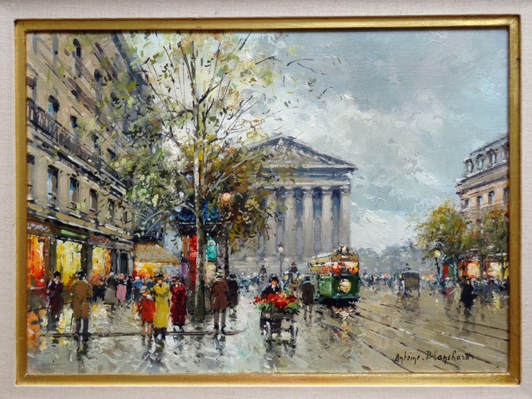 Parisian Street Scene. Oil on canvas, 32x46 cm - Gray Landscape Painting by Antoine Blanchard