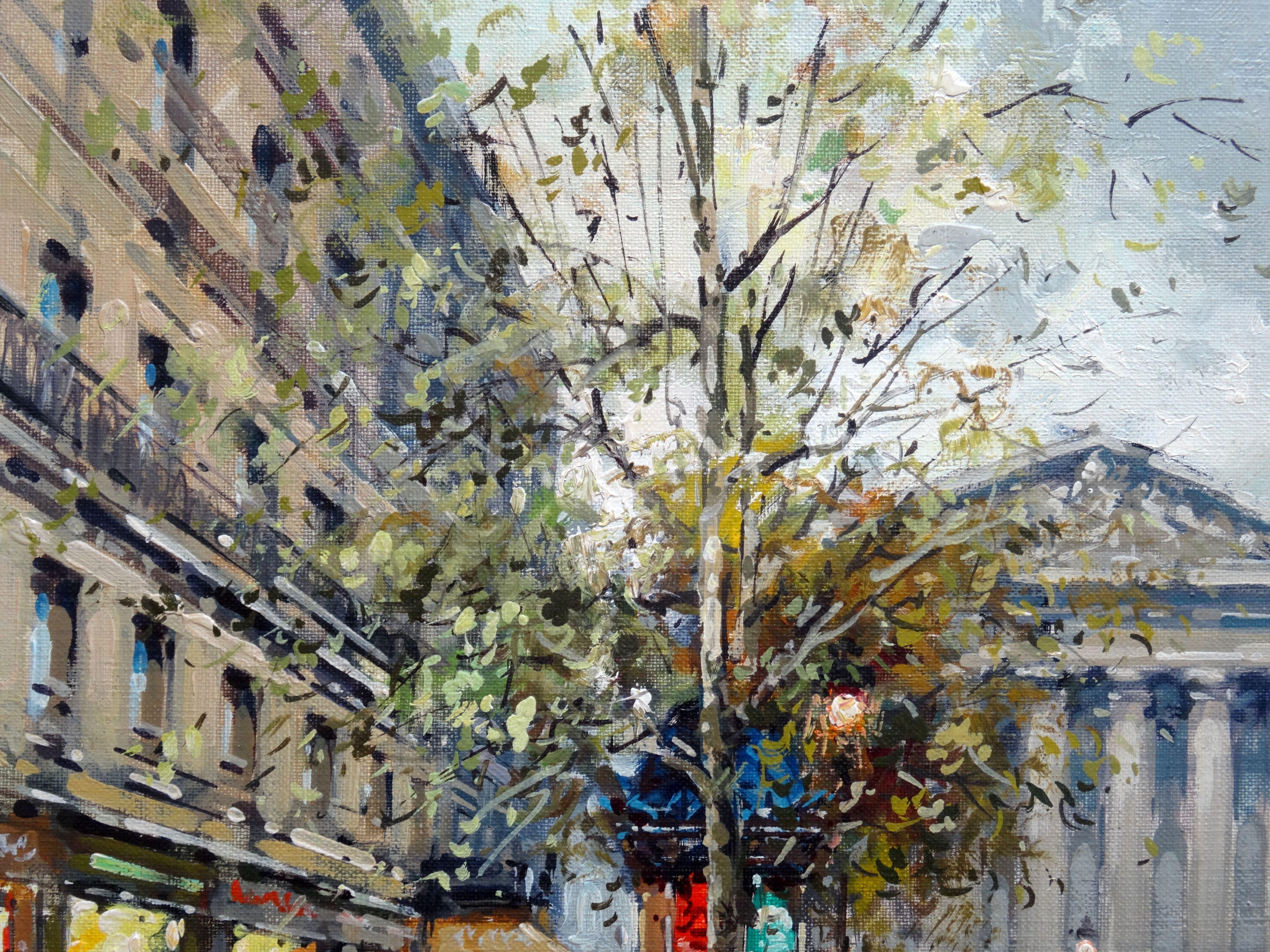 Parisian Street Scene. Oil on canvas, 32x46 cm - Gray Landscape Painting by Antoine Blanchard