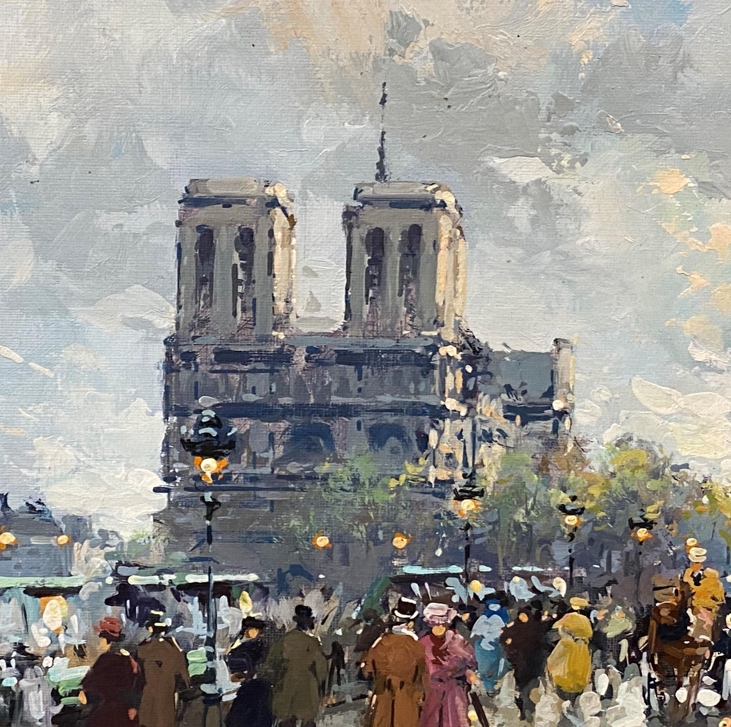 A fine impressionist oil painting of a Parisian street scene with the Notre Dame Cathedral by French artist Antoine Blanchard (1910-1988). Blanchard was born Marcel Masson  in Loire Valley, France and was sent to Blois for his artistic training and