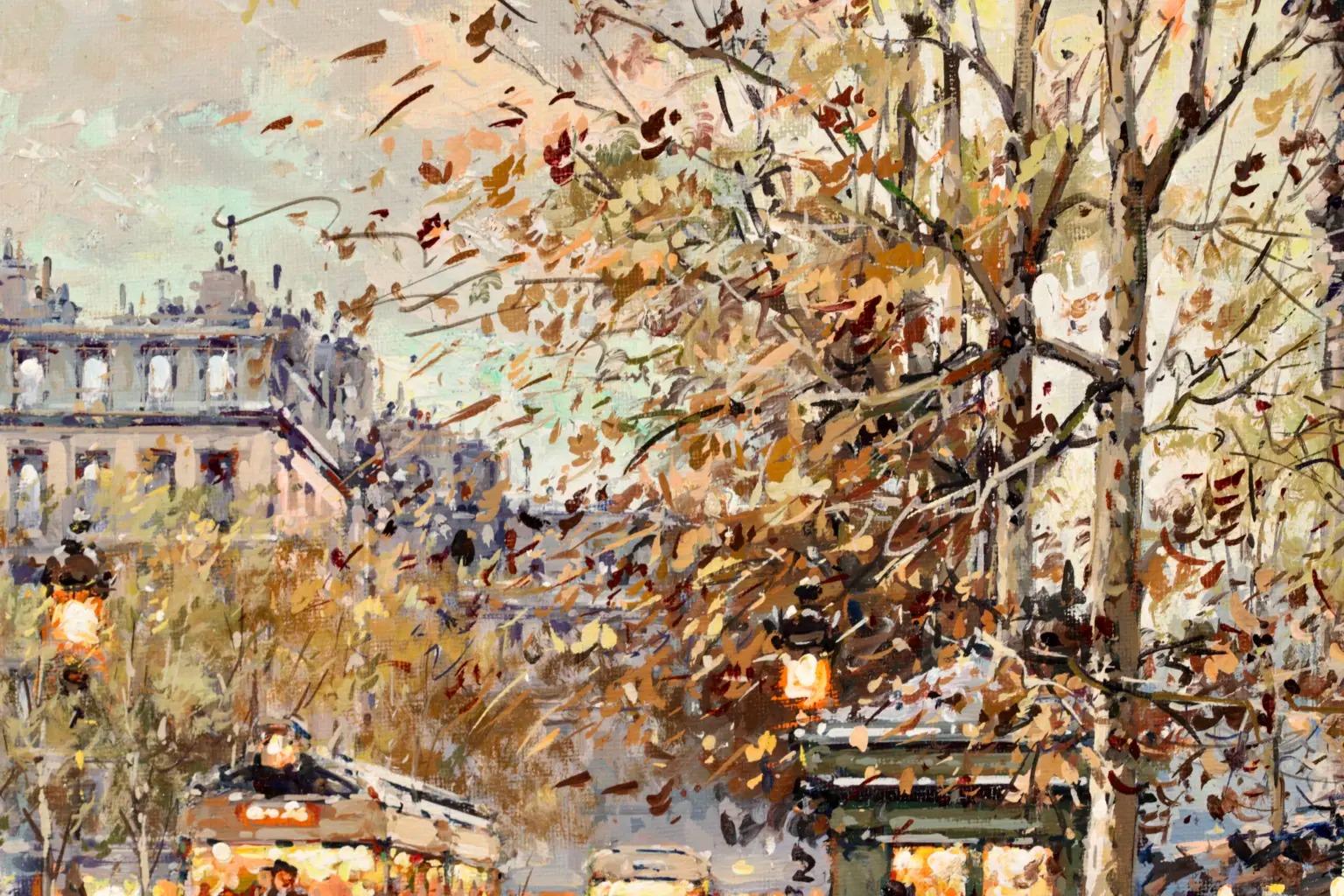 Signed post impressionist figures in cityscape oil on canvas circa 1960 by French painter Antoine Blanchard. The work depicts a bustling scene at Place de la Madeleine in Paris, France in autumn. The leaves on the trees are turning orange and brown