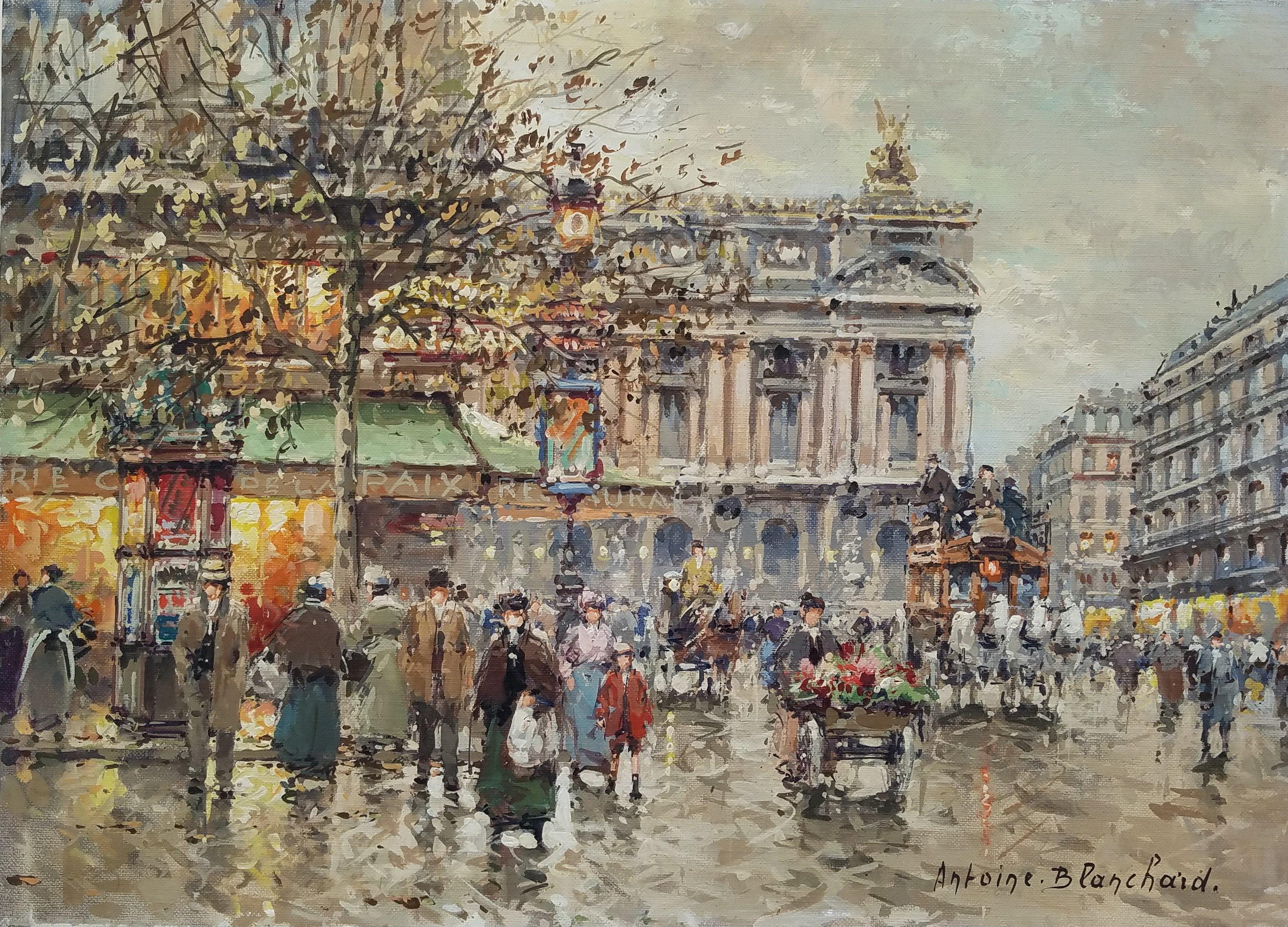 Antoine Blanchard (1910 - 1988)
Place de l'Opera, Paris, France
Oil on canvas
13 x 18 inches
Signed lower right; signed and titled on the reverse

Provenance:
Leopold P. Landsberger (Art dealer that represented Blanchard in Manhattan in the 1970's