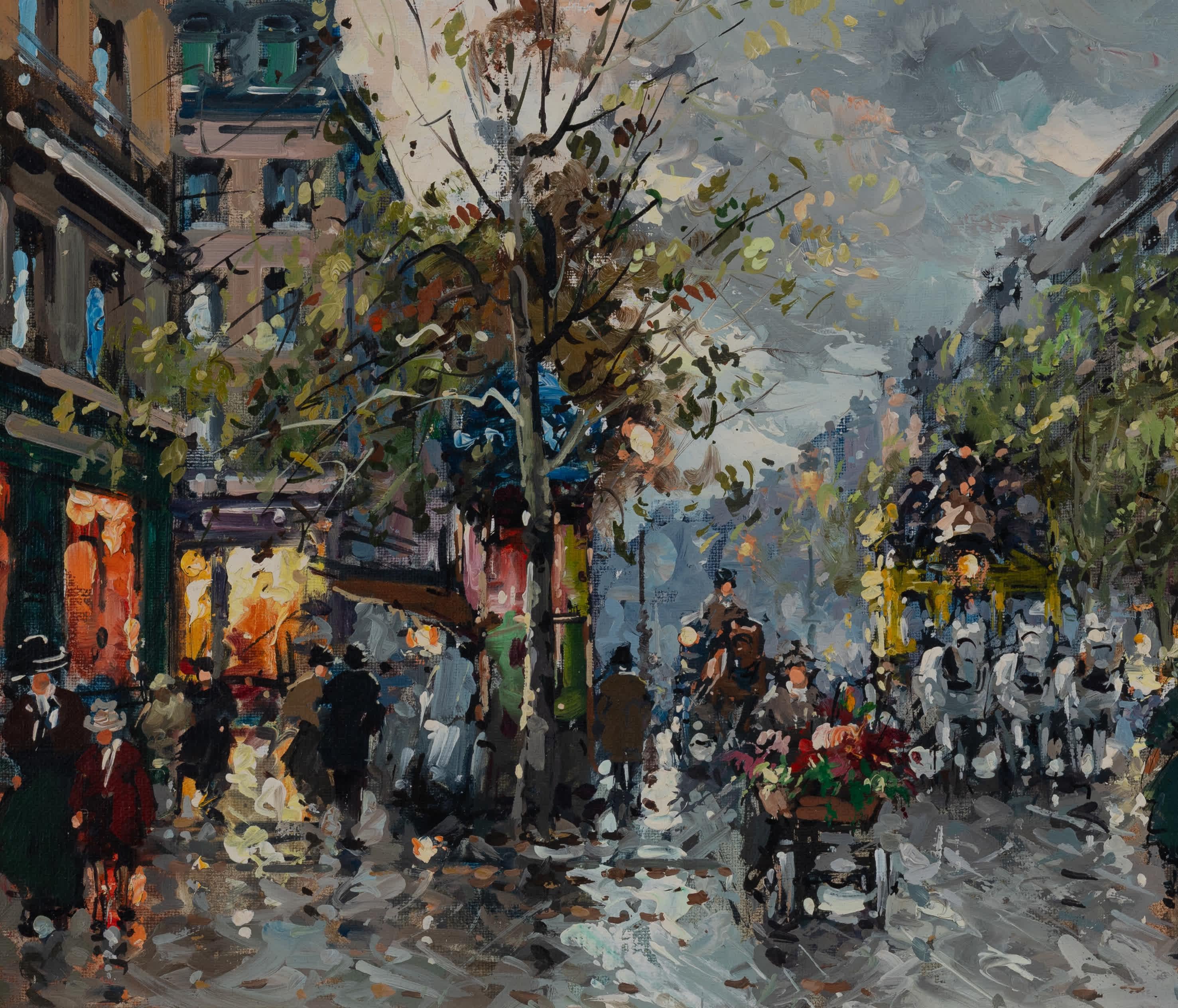 Antoine Blanchard
Französisch, 1910-1988
Regnerischer Abend in Paris

Öl auf Leinwand
13 x 18 Zoll, mit Rahmen 23 ⅞ x 27 ⅞ Zoll
Signiert unten rechts

Antoine Blanchard ist das Pseudonym, unter dem der französische Maler Marcel Masson (15. November
