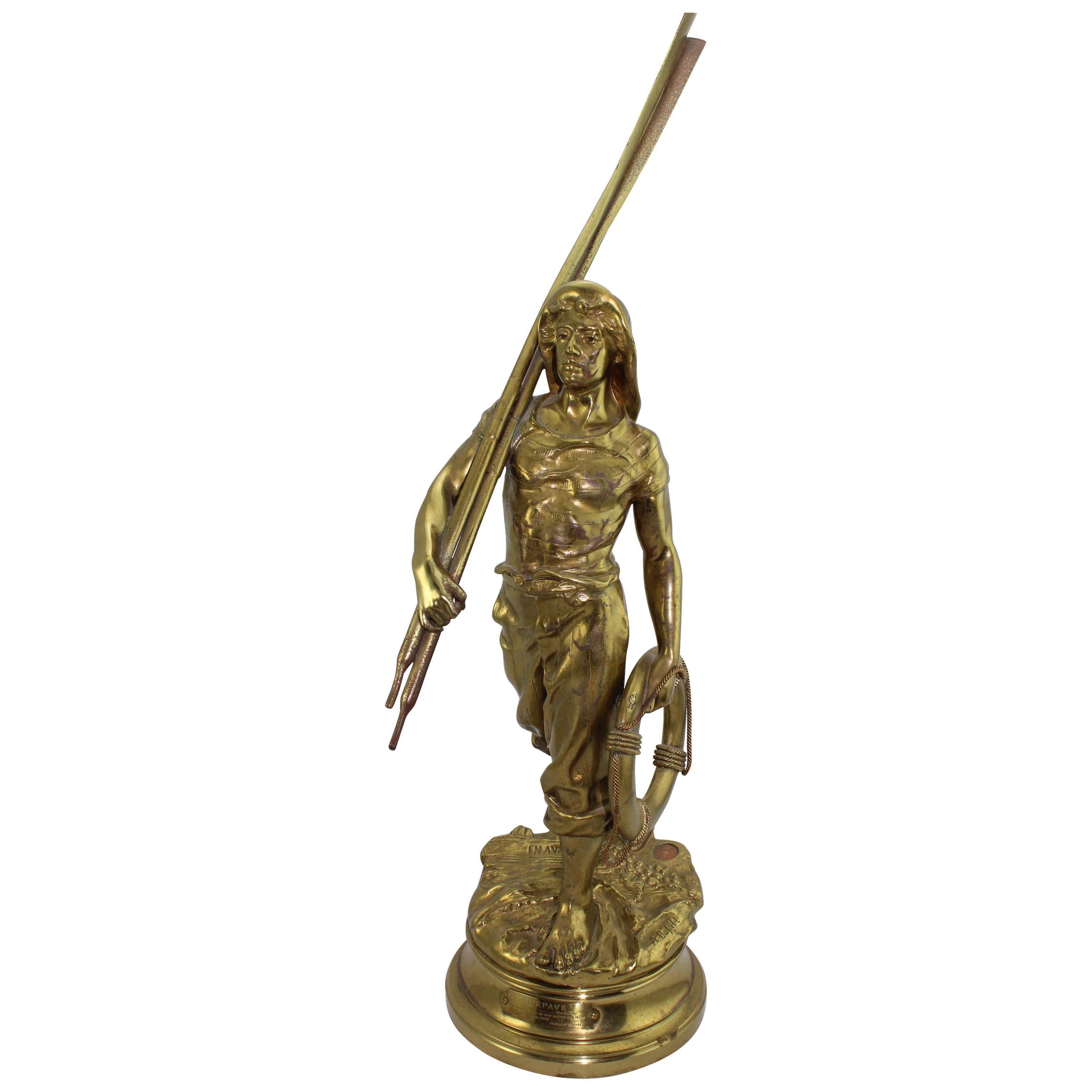 This larger than life gold gilded bronze of a sea man with oars will decorate any area and be a great conversation piece. The composition and casting detail are amazing. This is the largest of these models standing at 25 inches. 
En Avant" meaning