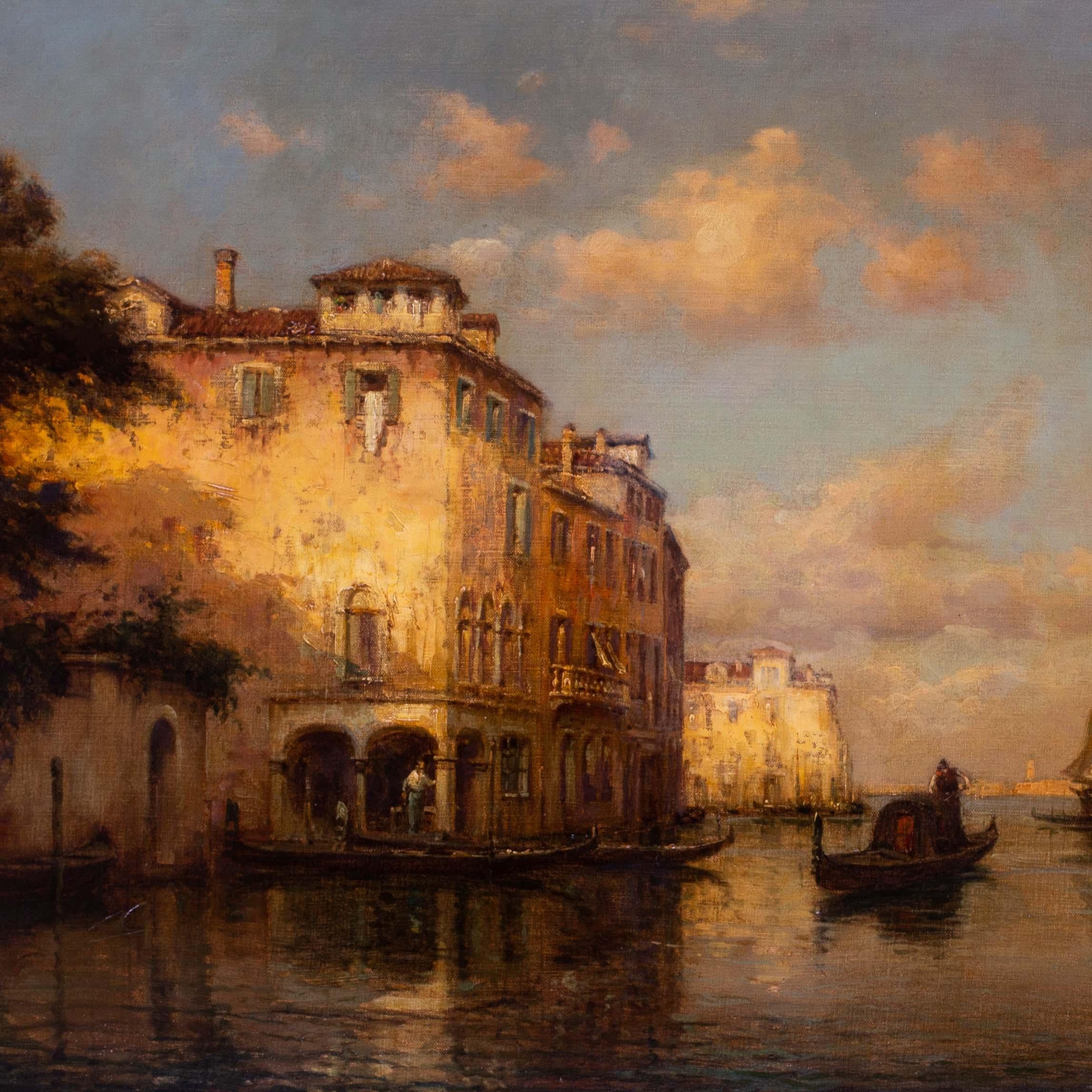 Gondolero en un remanso veneciano, óleo sobre lienzo, por Antoine Bouvard padre - Painting de Antoine Bouvard (Marc Aldine)