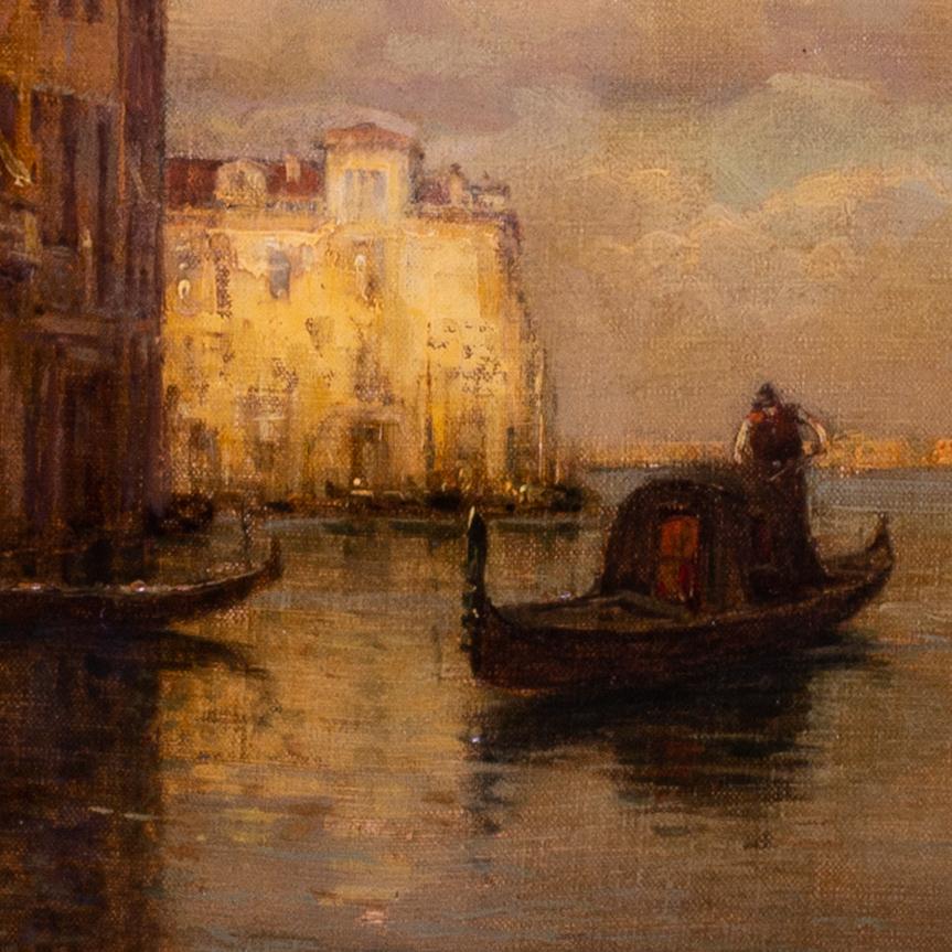 Gondolero en un remanso veneciano, �óleo sobre lienzo, por Antoine Bouvard padre - Landscape Painting Marrón de Antoine Bouvard (Marc Aldine)