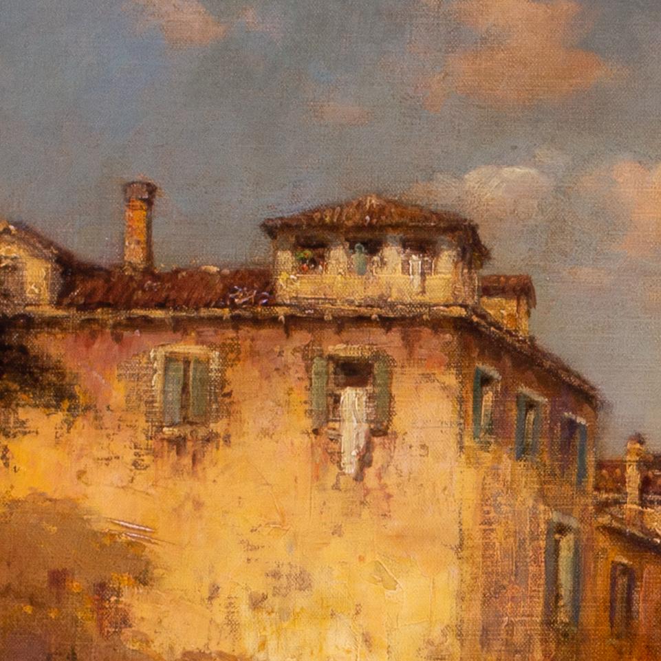 Gondolero en un remanso veneciano, óleo sobre lienzo, por Antoine Bouvard padre en venta 1