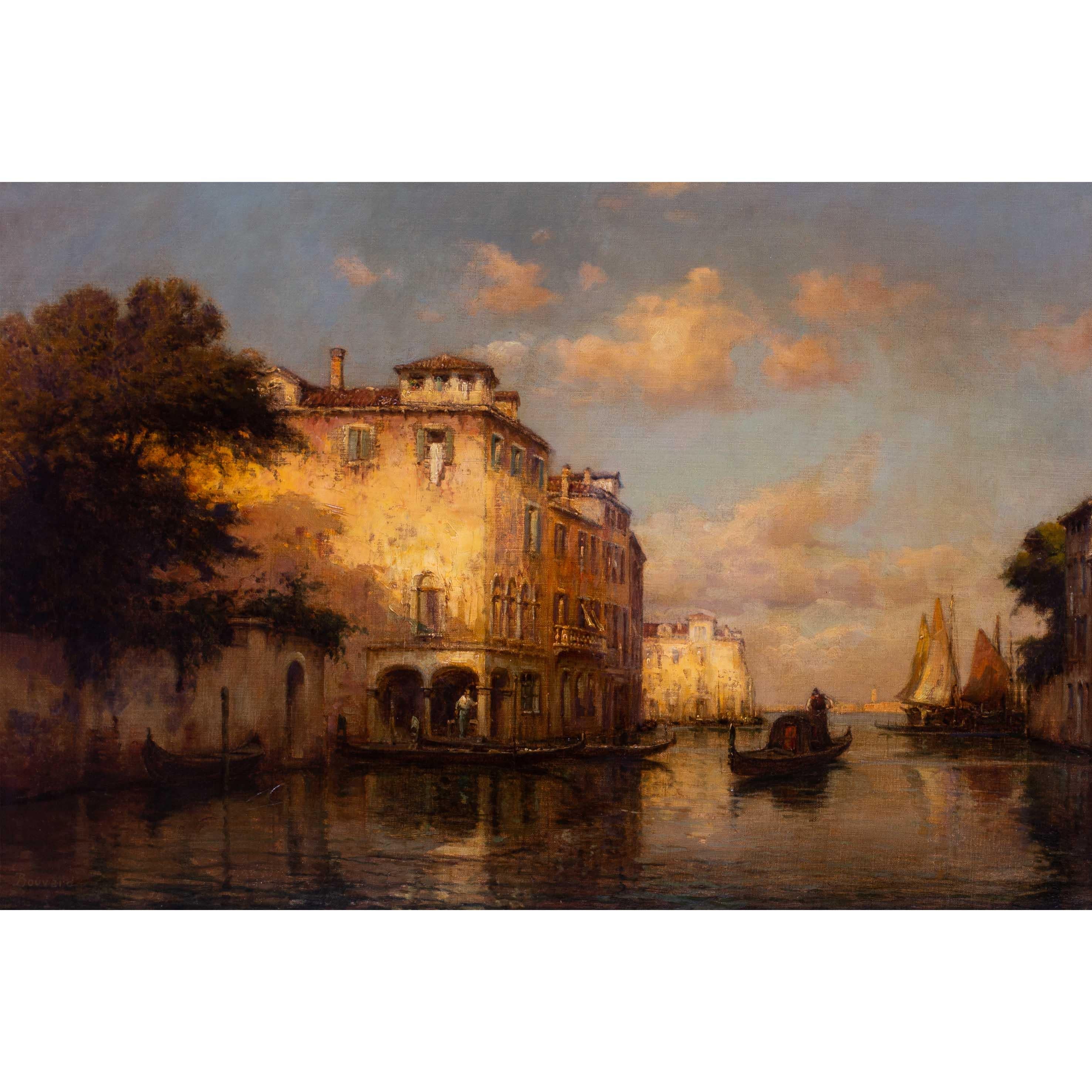 Gondolero en un remanso veneciano, óleo sobre lienzo, por Antoine Bouvard padre en venta 2