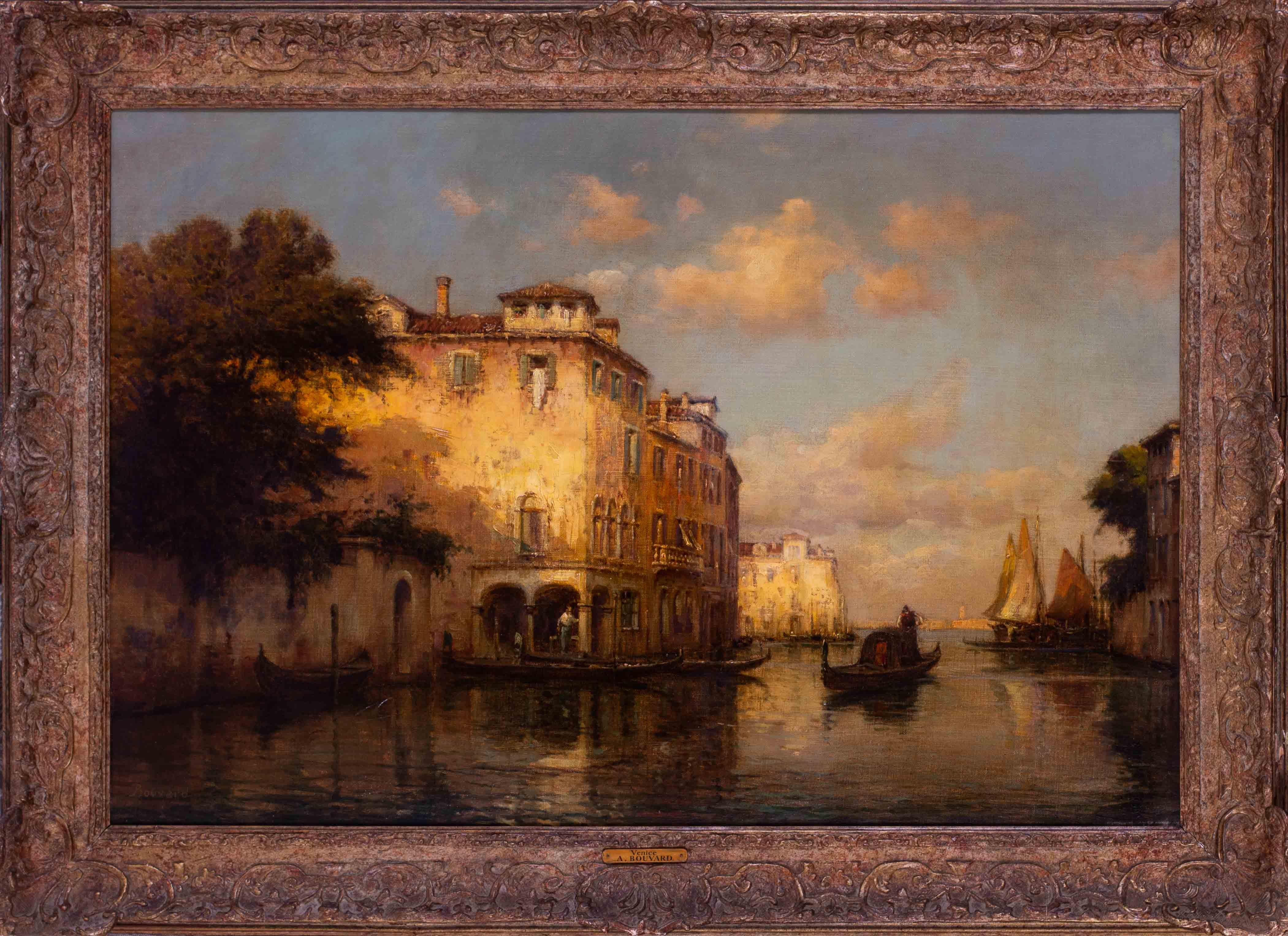 Landscape Painting de Antoine Bouvard (Marc Aldine) - Gondolero en un remanso veneciano, óleo sobre lienzo, por Antoine Bouvard padre