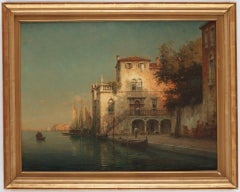"Sunset Venice”, landscape with architecture, gondolas and boats, oil on canvas