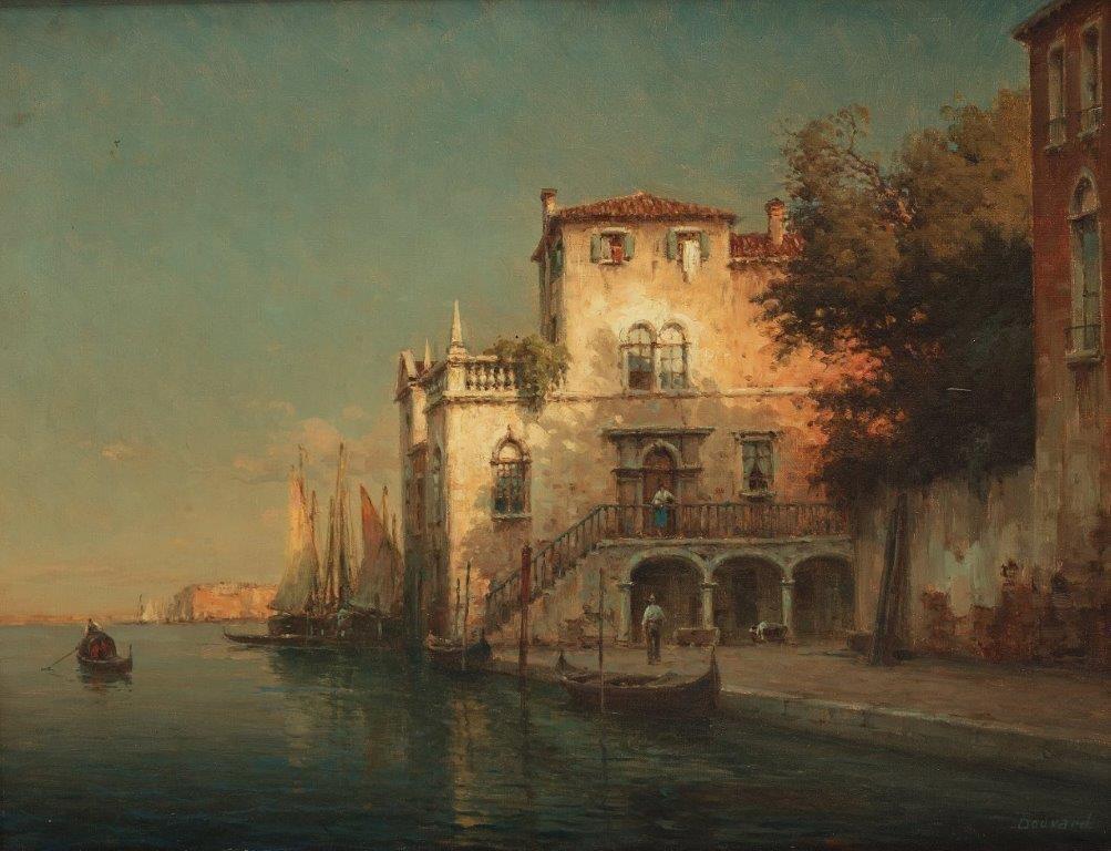 Antoine Bouvard Figurative Painting - "Sunset Venice”, landscape with architecture, gondolas and boats, oil on canvas