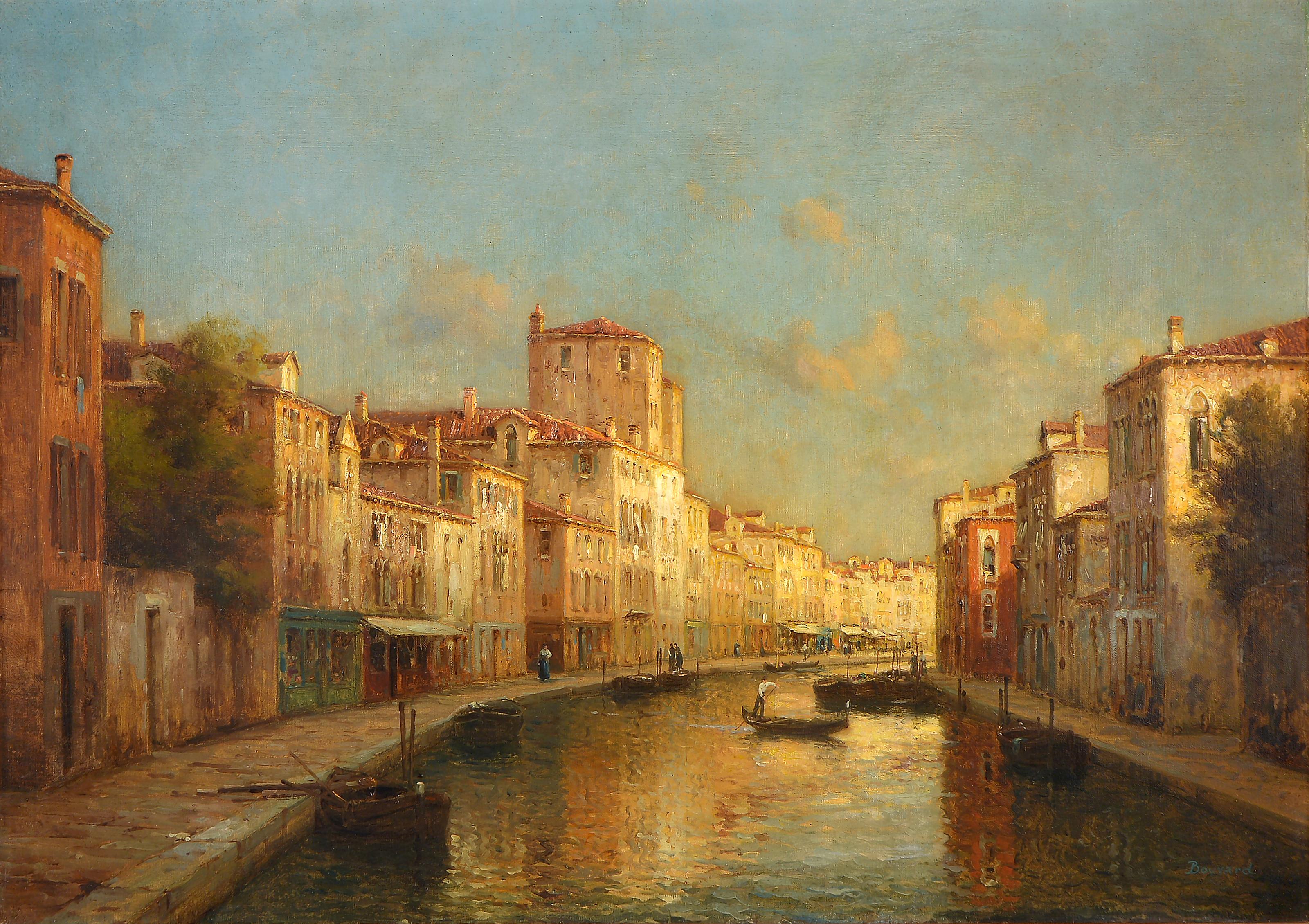 Antoine Bouvard is renowned for his captivating depictions of Venetian canal scenes. His works, characterized by warm tones and a gentle, hazy light typical of sunset settings, have left an enduring impact. One of his notable pieces, 