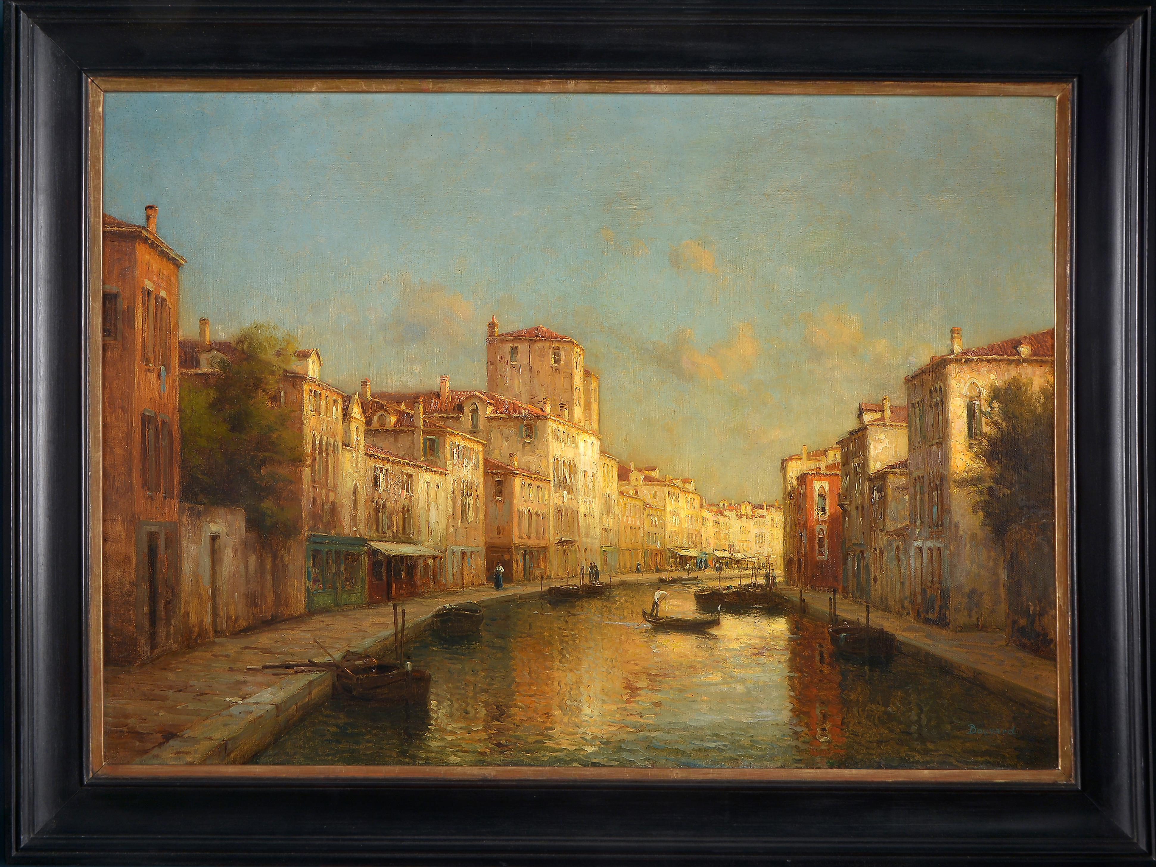 Antoine Bouvard Snr.  Landscape Painting - A gondolier on a Venetian canal at sunset