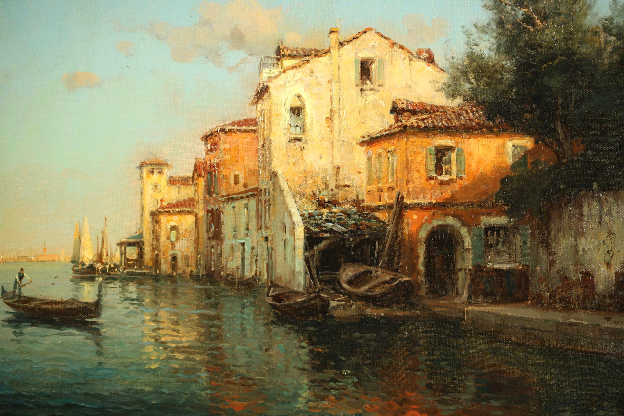 A Venetian Canal - Impressionist Landscape Oil Painting by Antoine Bouvard For Sale 8