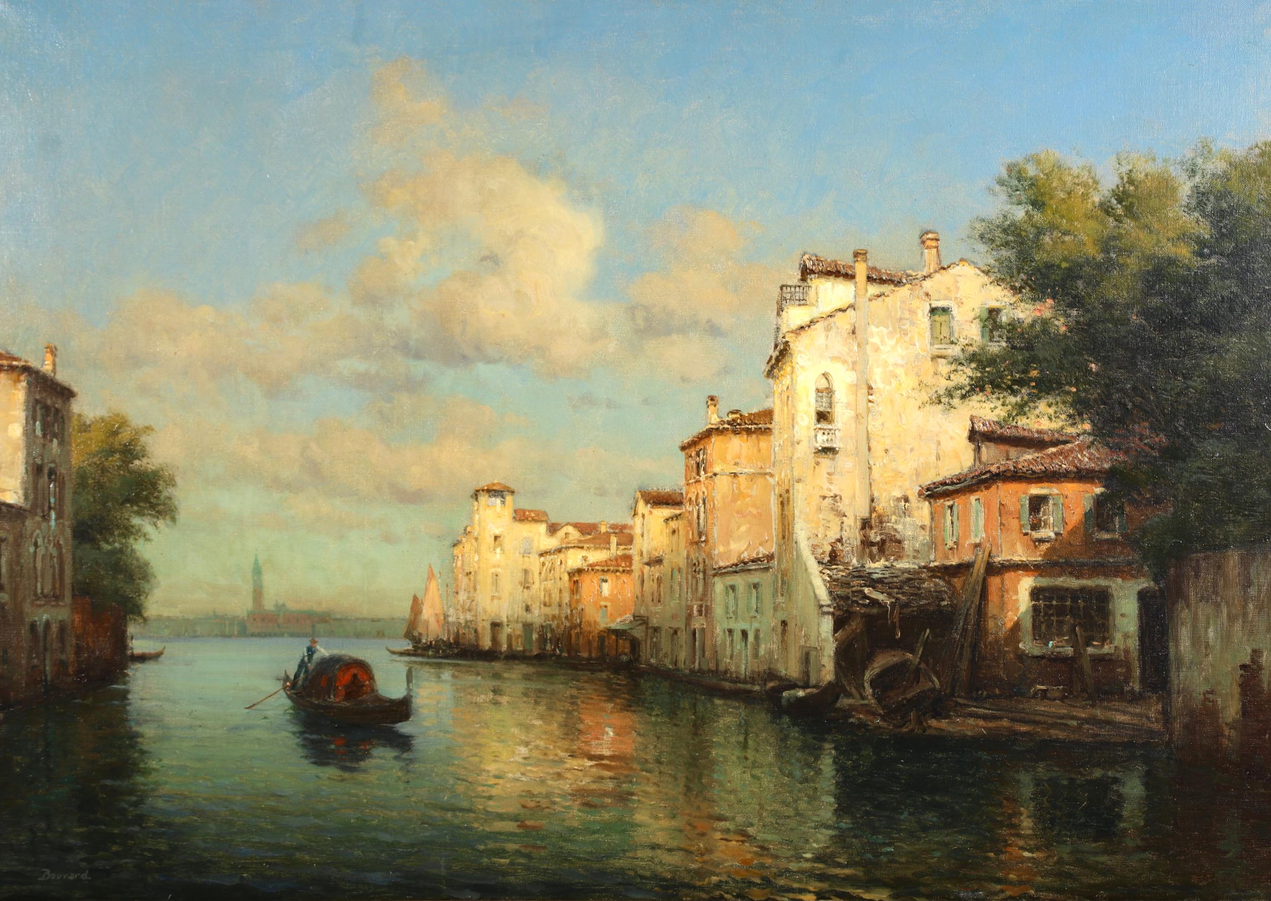 Signed impressionist landscape oil on canvas circa 1920 by French painter Antoine Bouvard Snr. The work depicts a figure rowing on a gondola beside buildings lining the canal at the port of Venice. The last light of the setting sun is illuminating