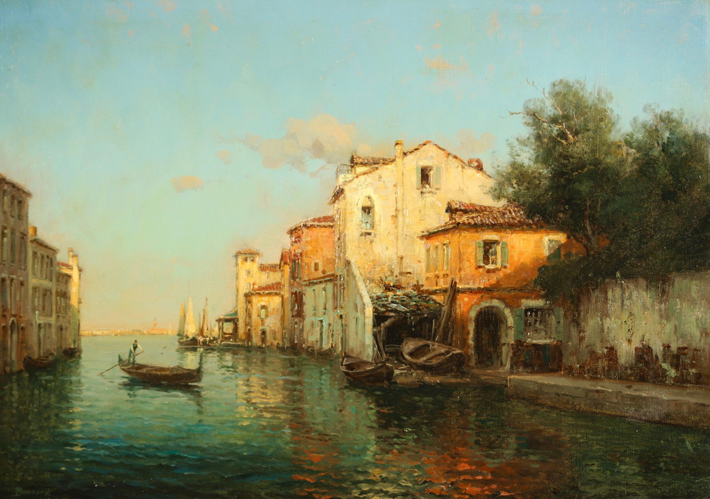Signed impressionist landscape oil on canvas circa 1920 by French painter Antoine Bouvard Snr. The work depicts a figure rowing on a gondola beside buildings lining the canal at the port of Venice. The last light of the setting sun is illuminating