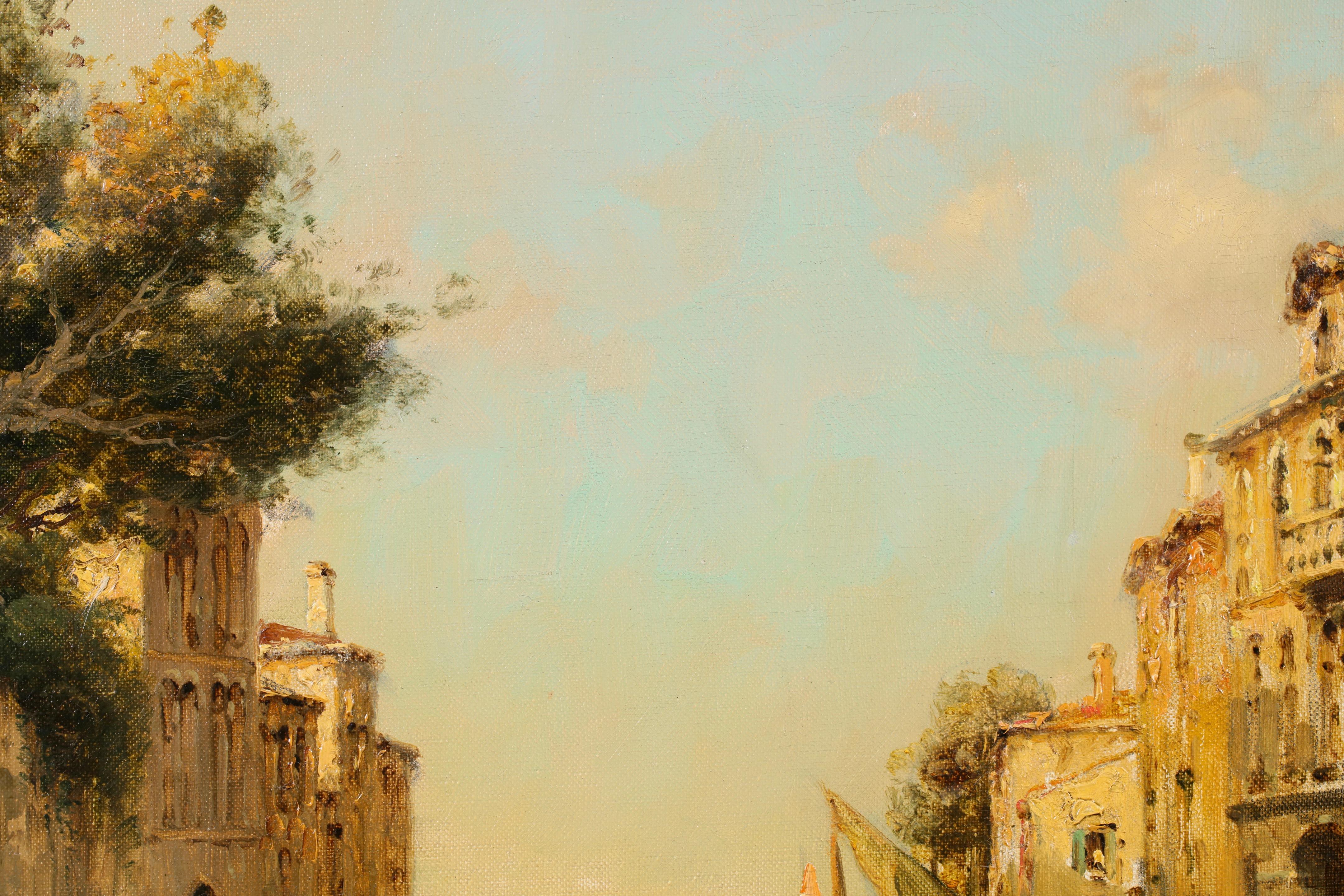 Signed impressionist figures in landscape oil on canvas circa 1930 by French painter Antoine Bouvard Snr. The work depicts a figure rowing a gondola beside buildings lining the canal, which are being illuminated by the setting sun, at the port of