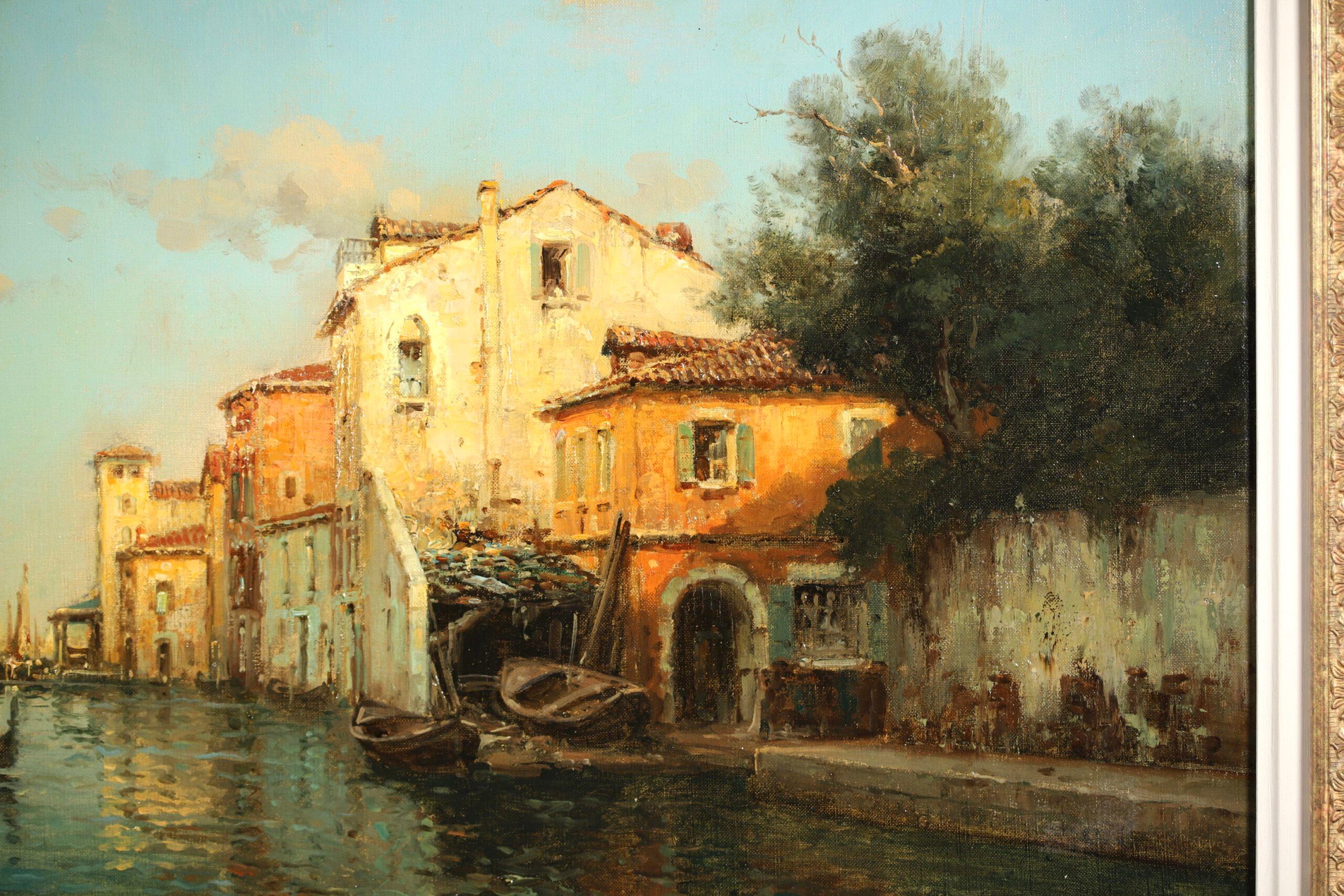 Signiertes impressionistisches Landschaftsöl auf Leinwand um 1920 von dem französischen Maler Antoine Bouvard Snr. Das Werk zeigt eine Figur, die auf einer Gondel neben den Gebäuden rudert, die den Kanal im Hafen von Venedig säumen. Das letzte Licht