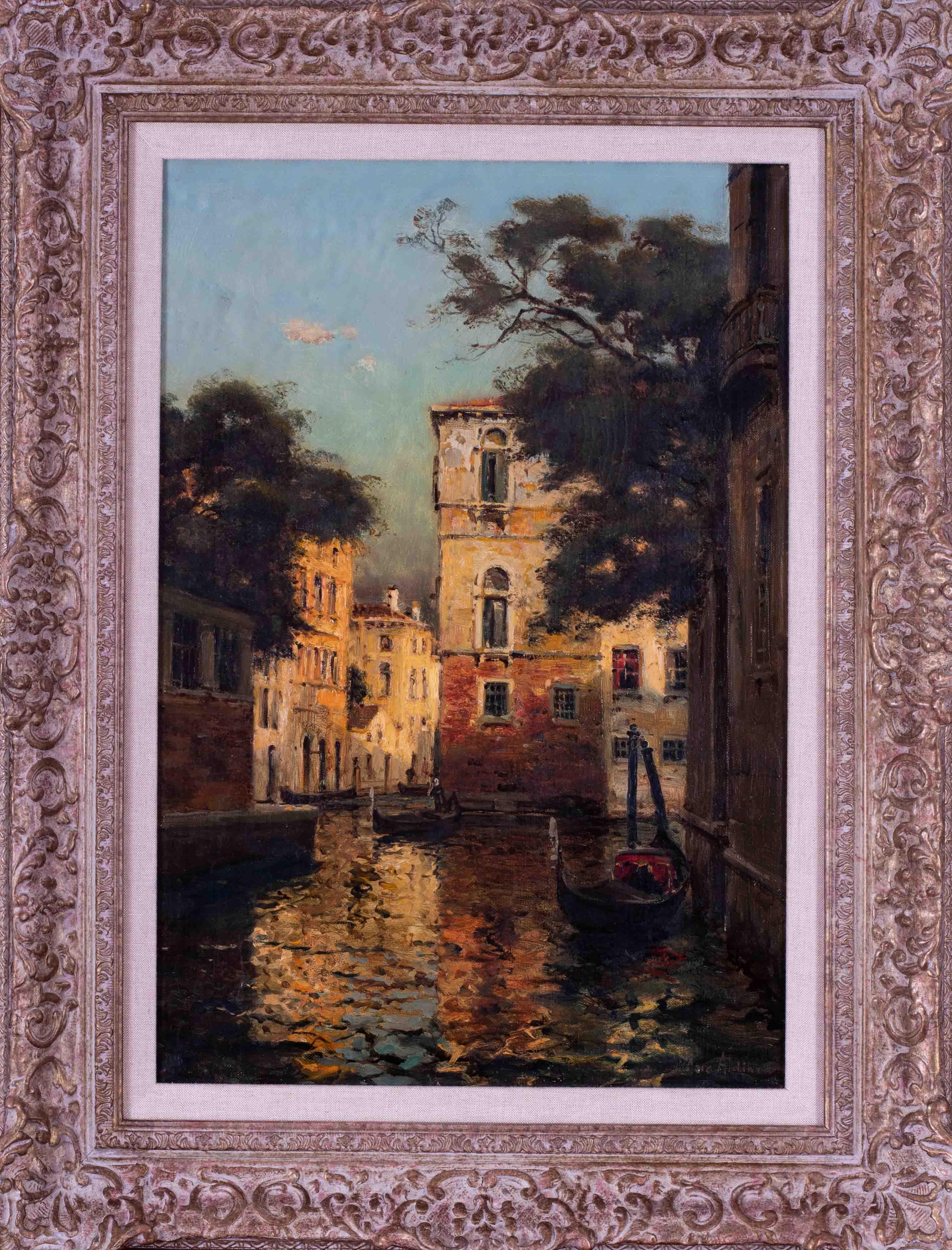 Antoine Bouvard Snr.  Landscape Painting - Antoine Bouvard senior, oil painting of gondolier on a Venetian backwater, Italy