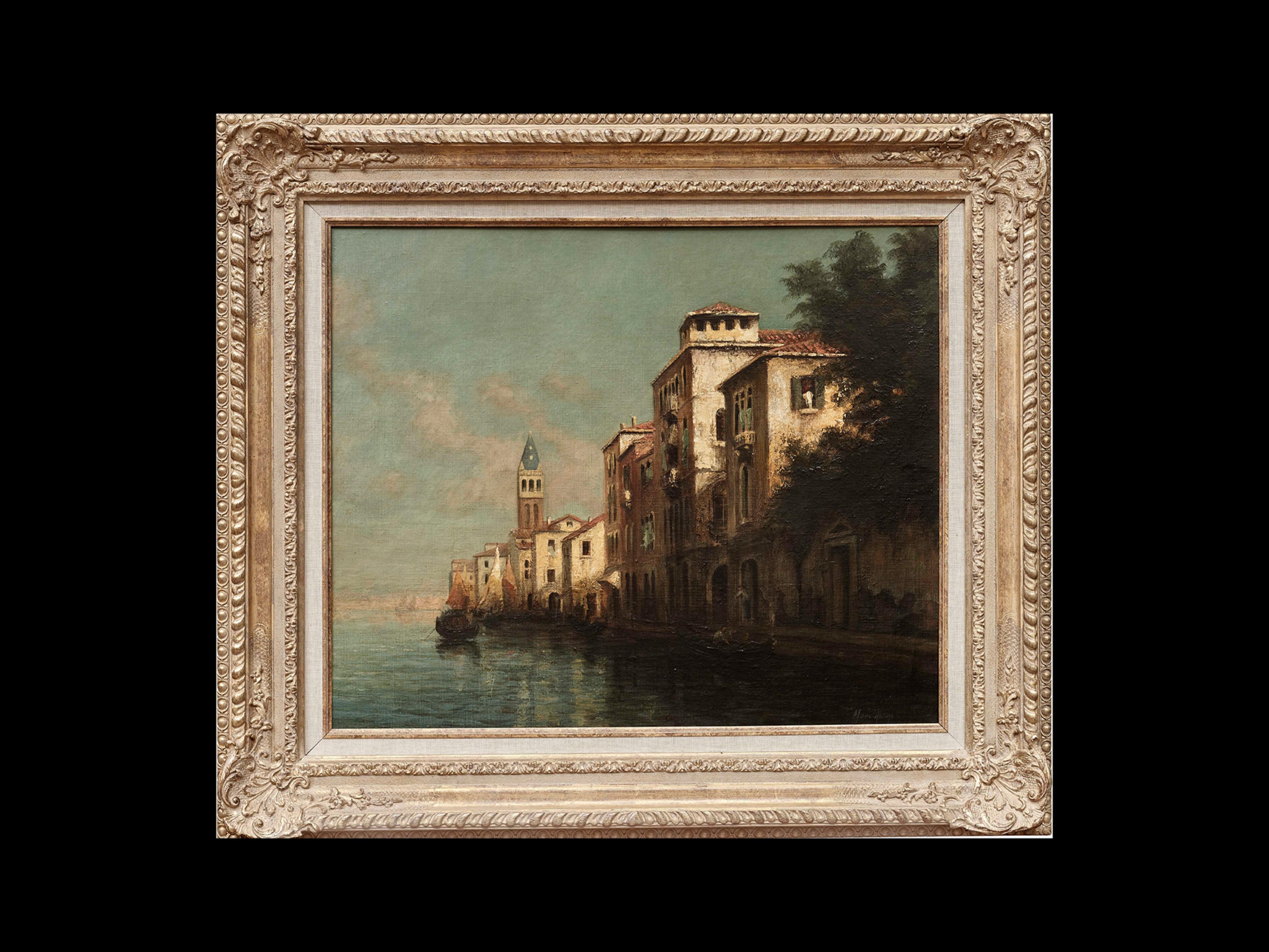 Lueur du soir Peinture impressionniste d'un paysage de Venise, reflets d'eau - Painting de Antoine Bouvard Snr. 