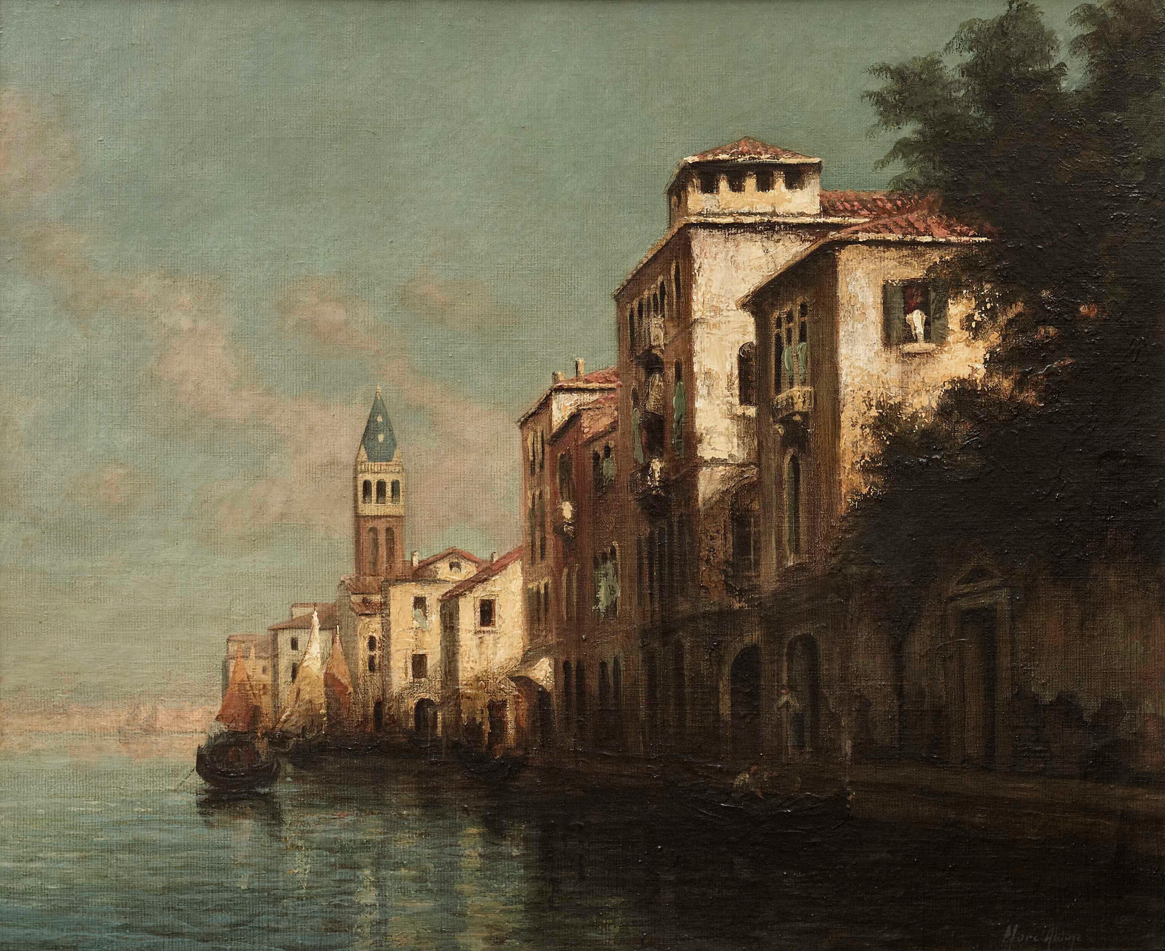 Lueur du soir Peinture impressionniste d'un paysage de Venise, reflets d'eau - Marron Landscape Painting par Antoine Bouvard Snr. 