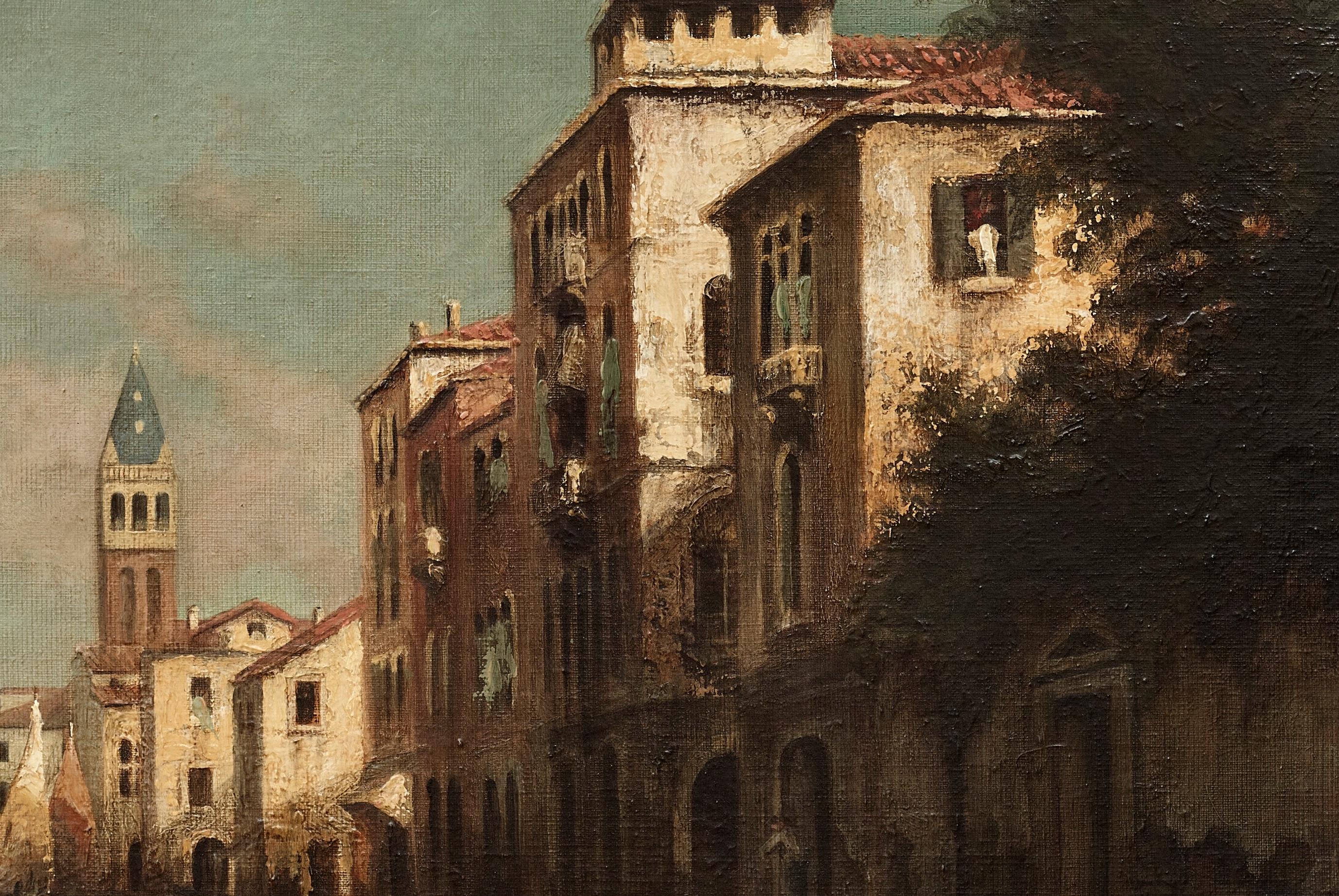 Evening Glow d'Antoine Bouvard Snr. signé Marc Aldine, baigne un canal vénitien dans la douce chaleur du crépuscule. Le premier plan montre une eau légèrement ondulante reflétant les teintes flamboyantes d'un ciel nocturne. Les gondoles et les