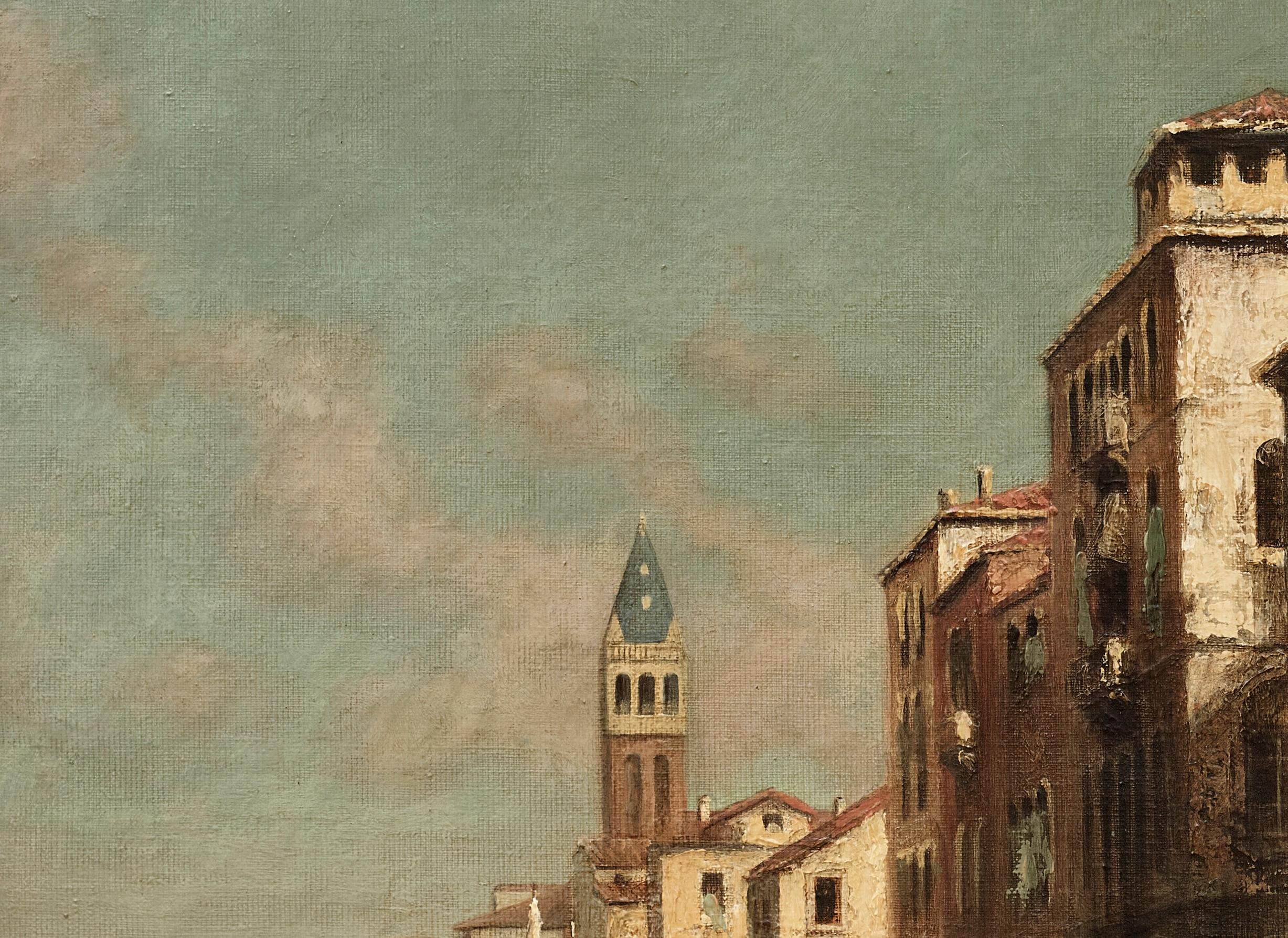 Lueur du soir Peinture impressionniste d'un paysage de Venise, reflets d'eau en vente 1