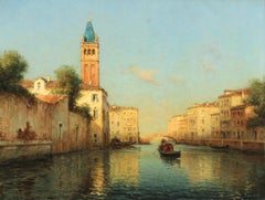 Gondolier on a Canal - Impressionist Landscape Oil Painting by Antoine Bouvard