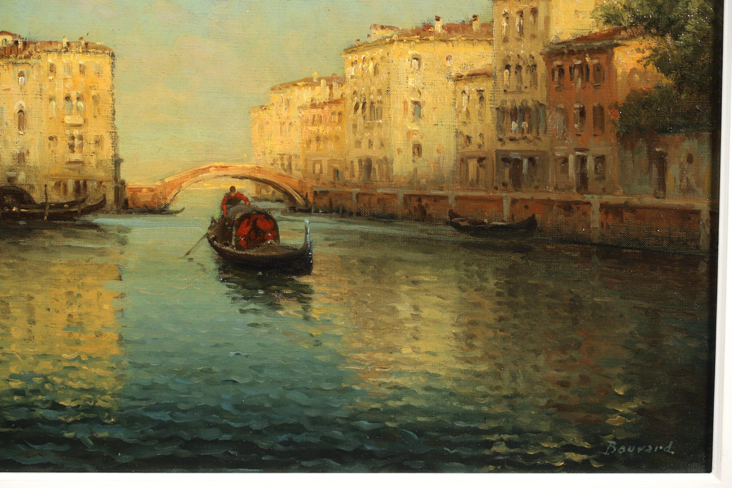 Signed impressionist landscape oil on canvas circa 1930 by French painter Antoine Bouvard Snr. The work depicts a gondolier sailing a gondola on a Venetian Canal. The last light of the setting sun is illuminating the painted walls of the buildings