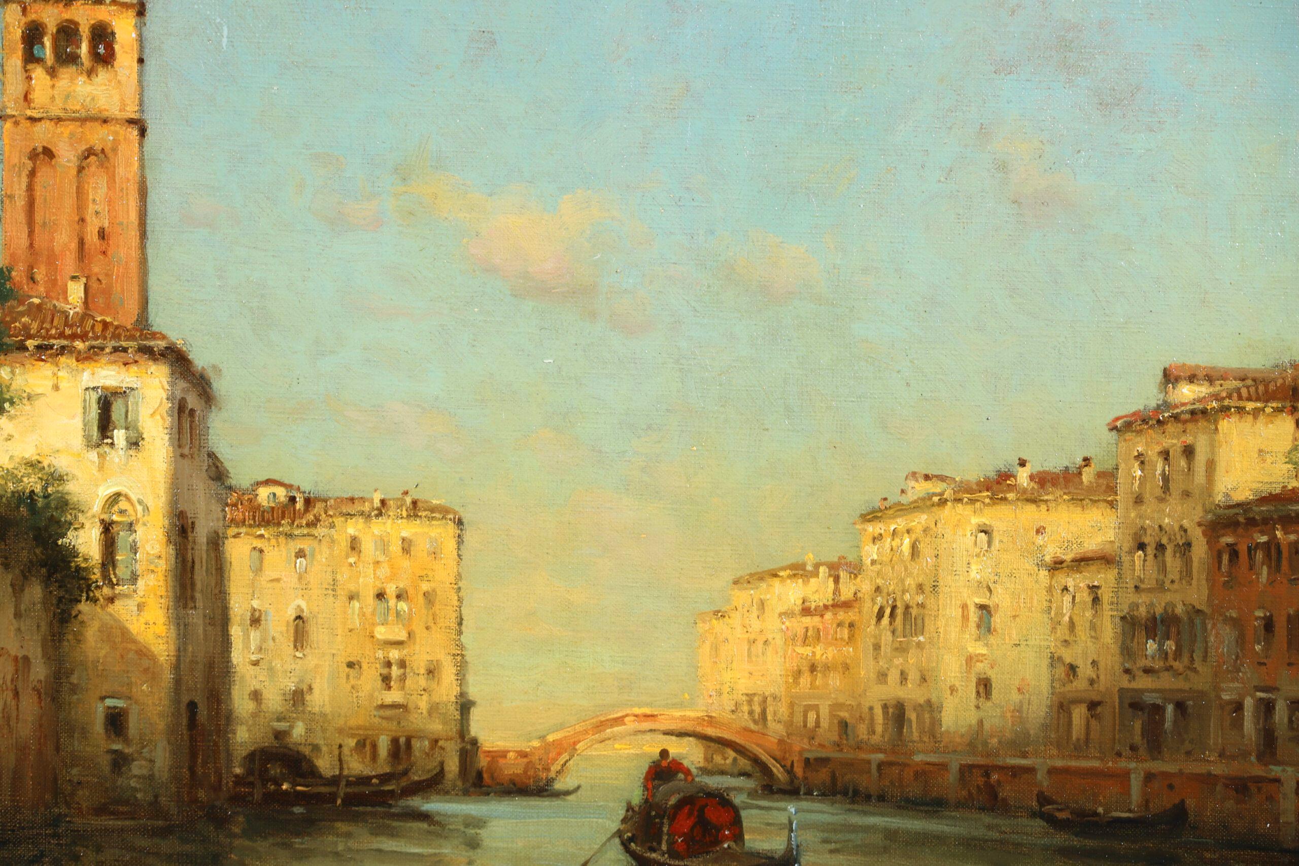 Gondolier on a Canal - Impressionist Landscape Oil Painting by Antoine Bouvard For Sale 2