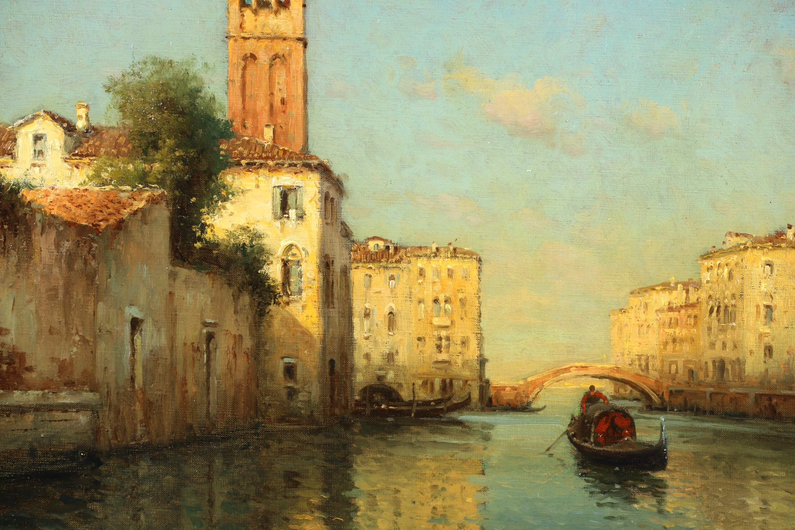 Gondolier on a Canal - Impressionist Landscape Oil Painting by Antoine Bouvard For Sale 3