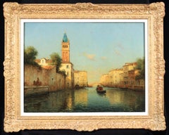 Antique Gondolier on a Canal - Impressionist Landscape Oil Painting by Antoine Bouvard