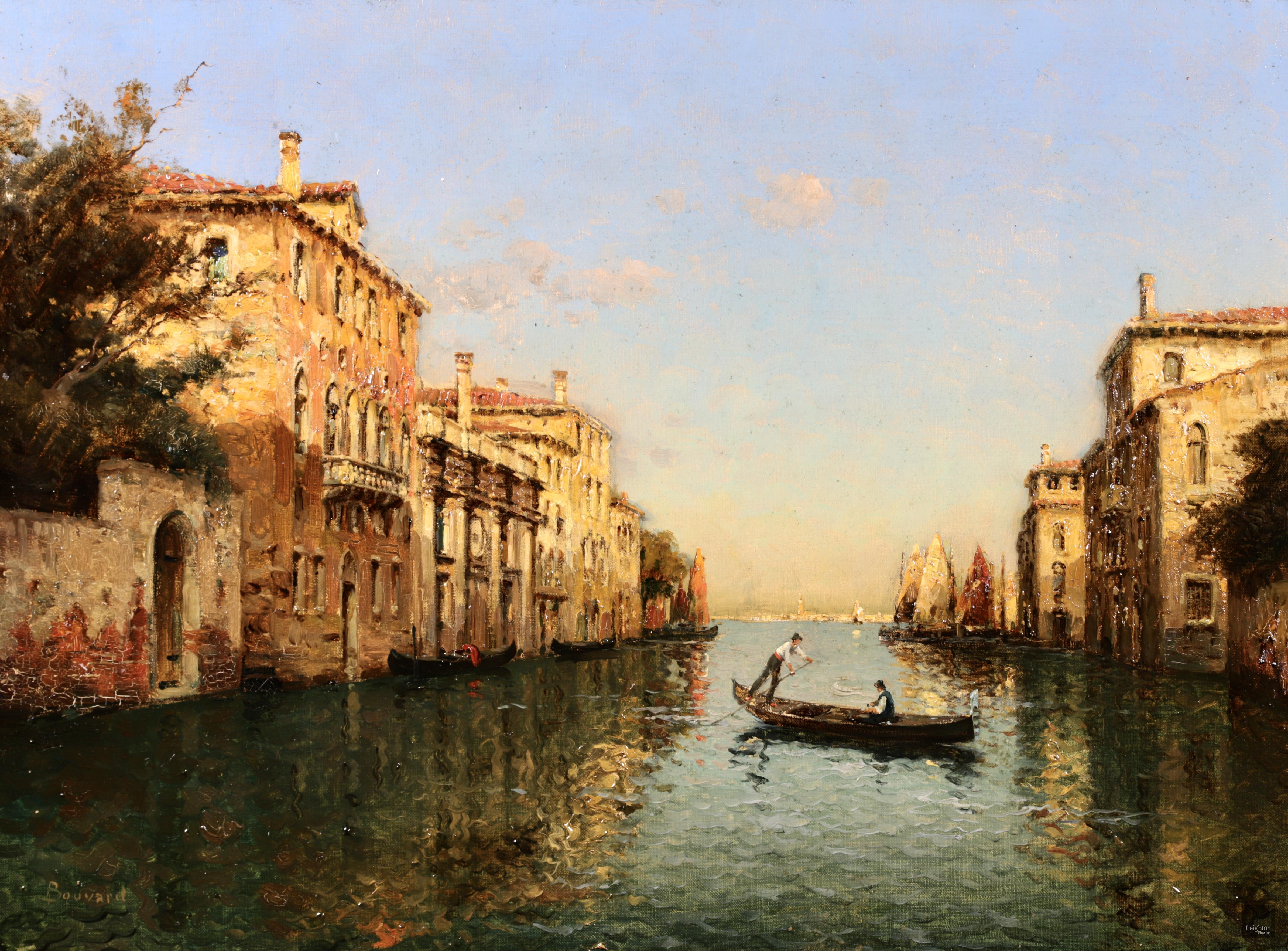 Gondoliers on a canal - Venice - Impressionist Oil, Landscape by Antoine Bouvard - Painting by Antoine Bouvard Snr. 
